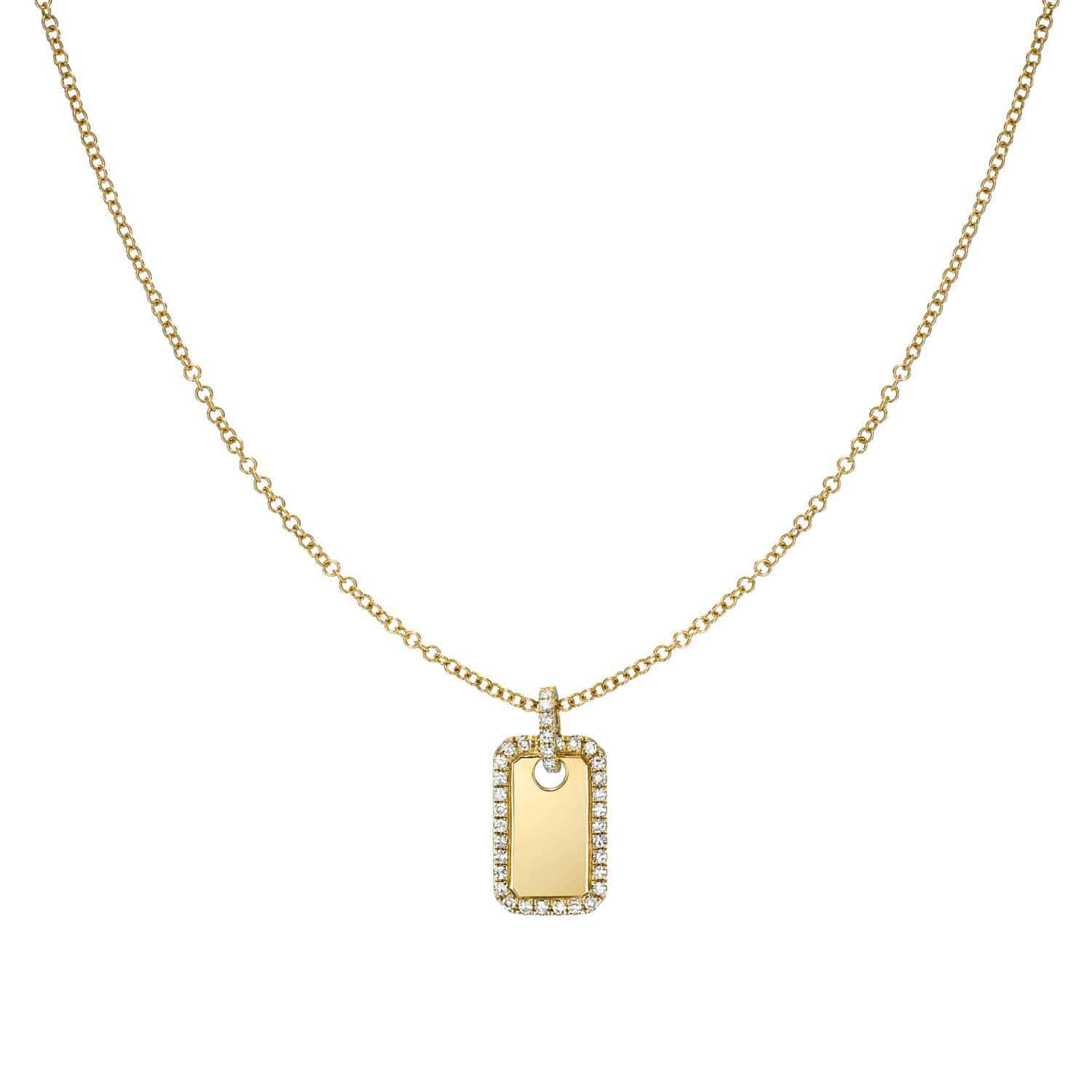 Engravable Diamond Dog Tag Necklace (SKU: NEC-269-Y) features a rectangular gold pendant outlined with shimmering diamonds, suspended from a gold chain and displayed against a white background. Priced at $568.00, this customizable jewelry piece is perfect for personal engraving, making it a unique and thoughtful accessory.