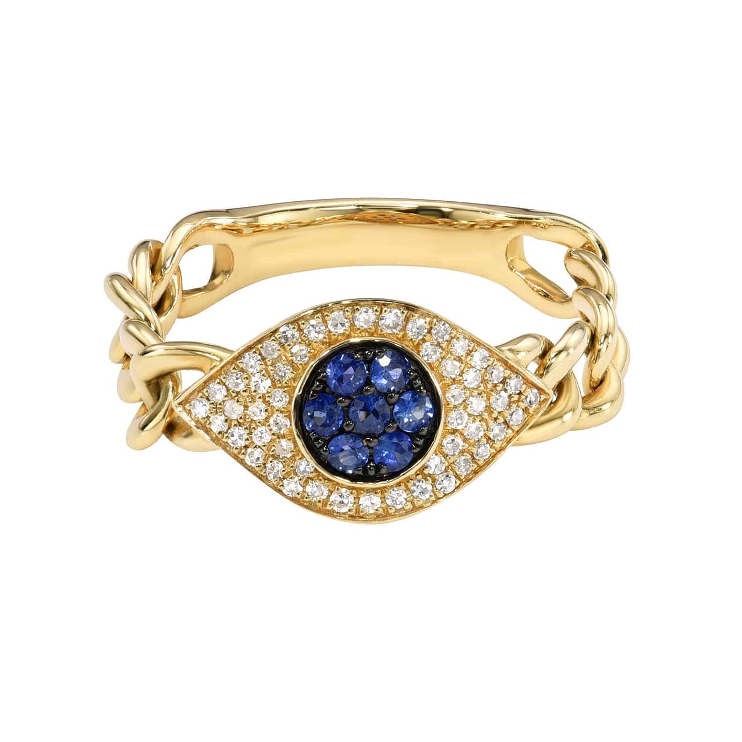 Introducing the Evil Eye Chain Ring: a stunning gold ring with a unique chain-link band, featuring an eye-shaped design with a blue gemstone center surrounded by small white stones. Available for preorder now!.