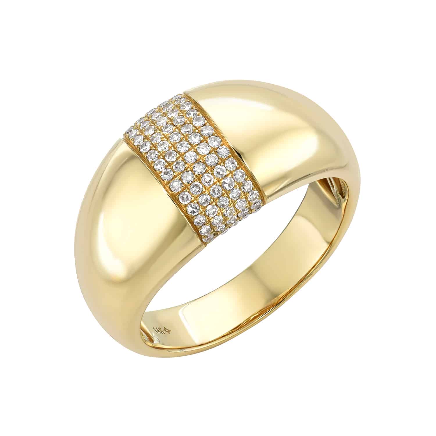 Preorder the exquisite Extra Large Diamond Dome Ring, adorned with diamond rows on a wide gold band and polished for brilliance. Perfect to elevate your jewelry collection.
