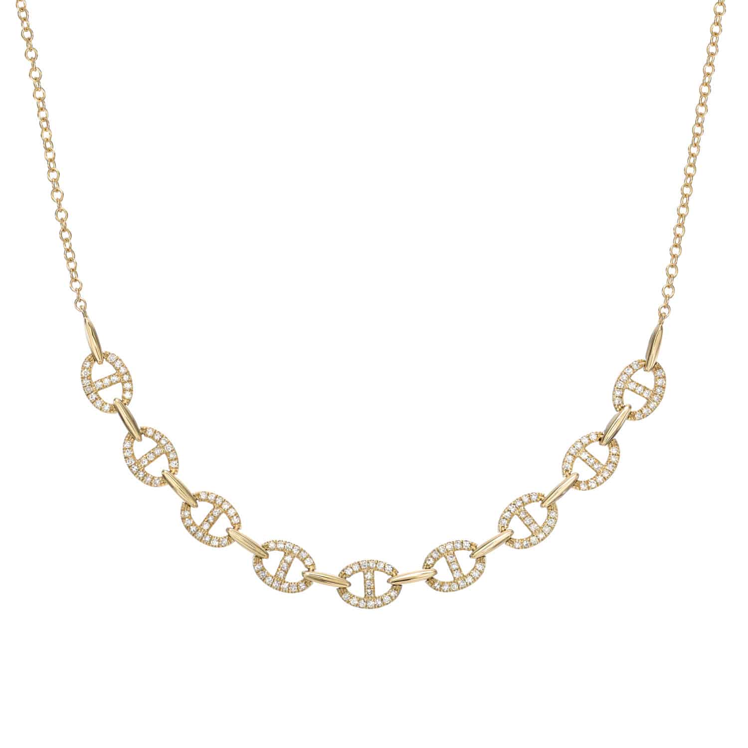 The Full Diamond Kaia Necklace is an exquisite piece of fine jewelry featuring interlocking gold chain links adorned with small diamonds, creating a striking pattern. It hangs symmetrically against a white background, showcasing its elegant customizations.