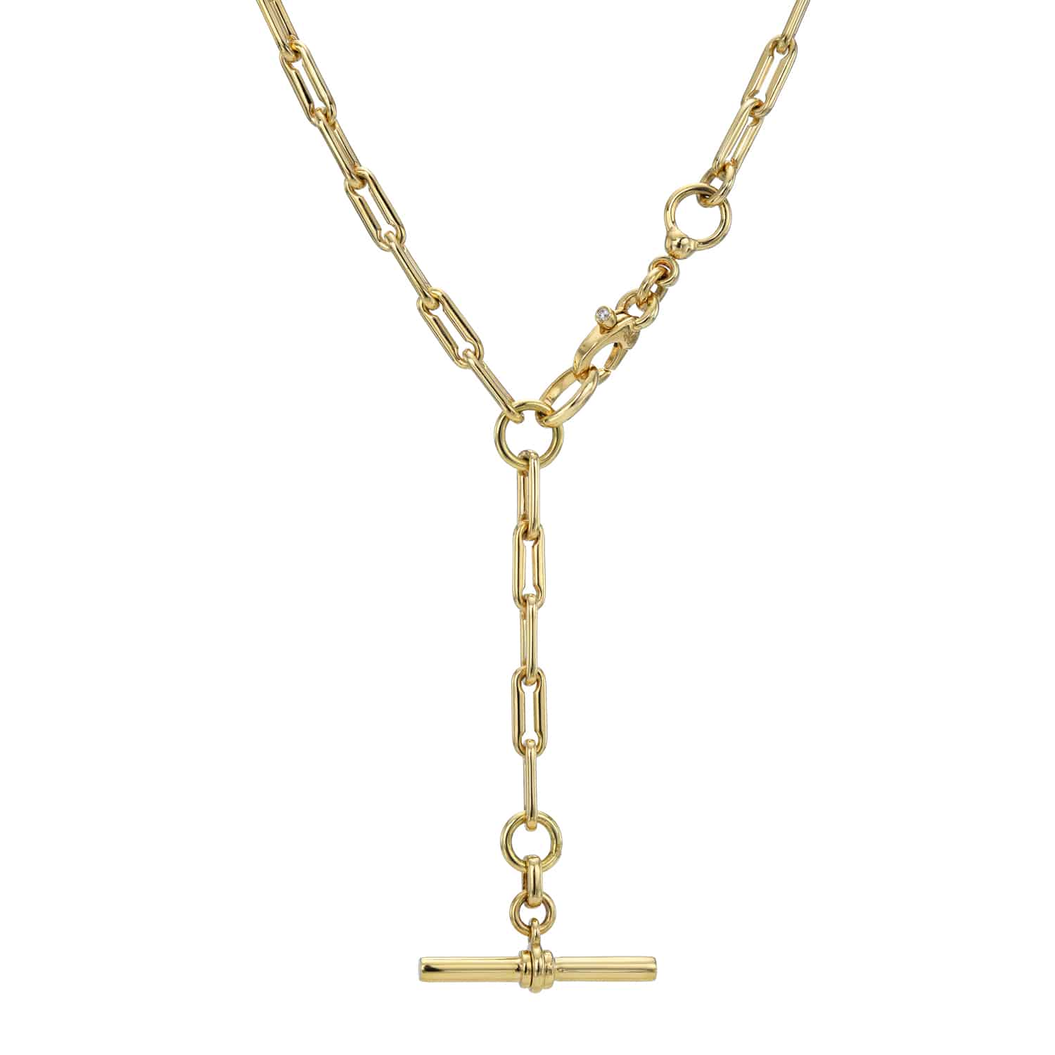 The Genoa Chain from Janet Heller Fine Jewelry features elongated links and a toggle bar closure with a Y-shape design, elegantly centering the toggle bar. Its perfect for adding your favorite jewelry charms, creating a sophisticated look.