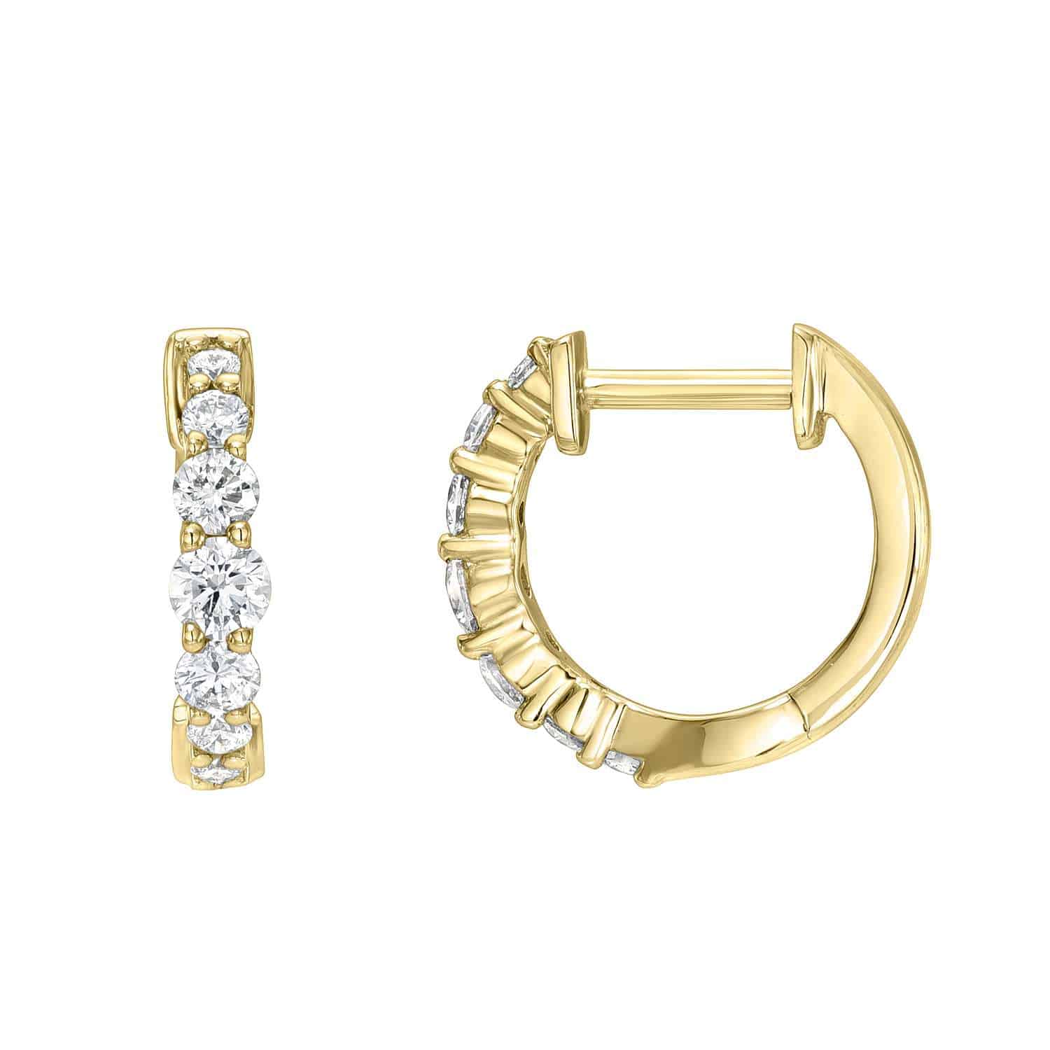 Graduating Diamond Huggies showcase a row of five round-cut diamonds set in the front, depicted from both side and front views. For customizations or inquiries, contact us to create your perfect piece of jewelry.