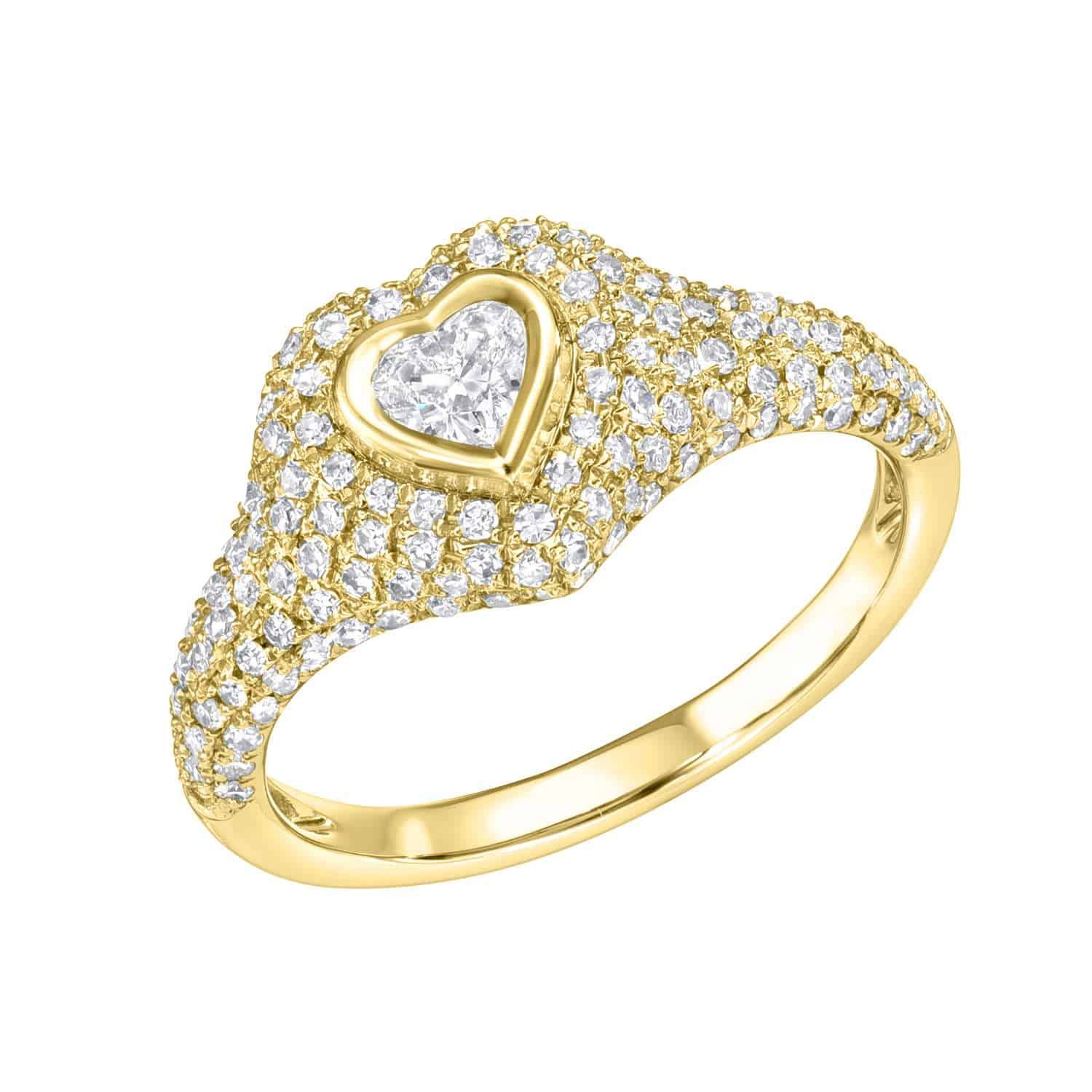 Introducing the Heart Diamond Pinkie Ring, a luxurious gold ring adorned with multiple small diamonds and featuring a central heart-shaped diamond framed by additional stones. The band itself is also diamond-set for added sparkle. Available for preorder now.