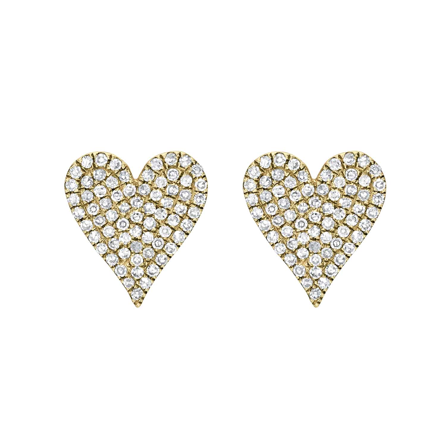 The Heart Shaped Diamond Devin Studs from Janet Hellers fine jewelry collection are adorned with multiple small diamonds, featuring an intricate and symmetrical design that sparkles luxuriously against a pristine white background.