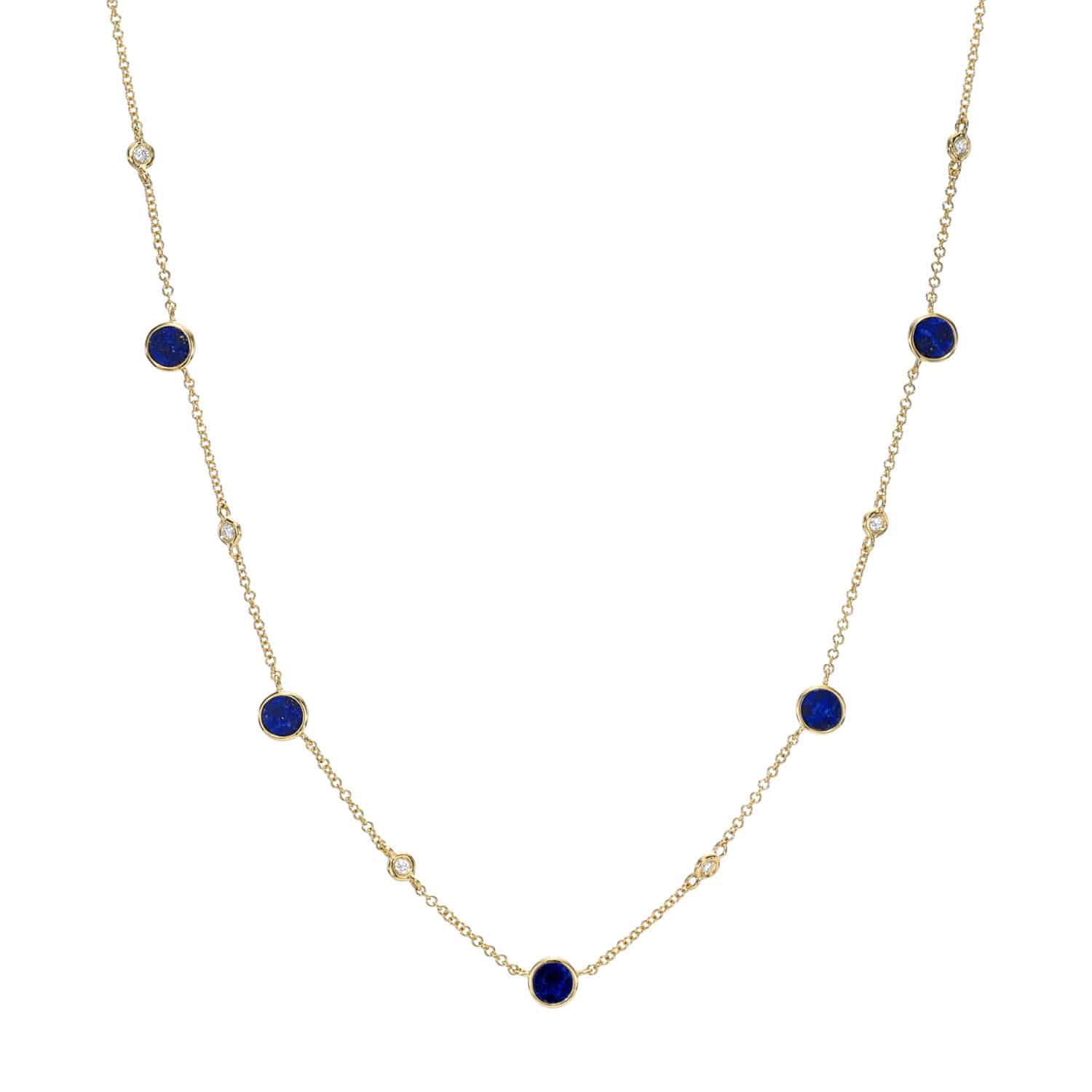 The Lapis Piper Necklace from Janet Heller Fine Jewelry is crafted in 14KT gold.  The delicate chain features alternating lapis and diamond  stones. The necklace can be worn alone or layered with other chains.