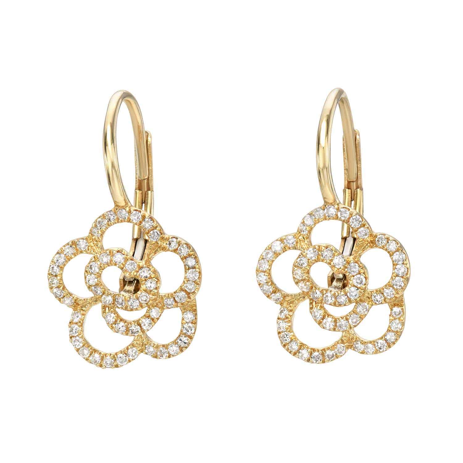 The Large Diamond Rosie Earrings from Janet Heller Fine Jewelry are crafted in 14KT gold. The earrings feature a floral design with diamonds. The dangle earrings can be worn on their own or layered along with ear with other earrings.