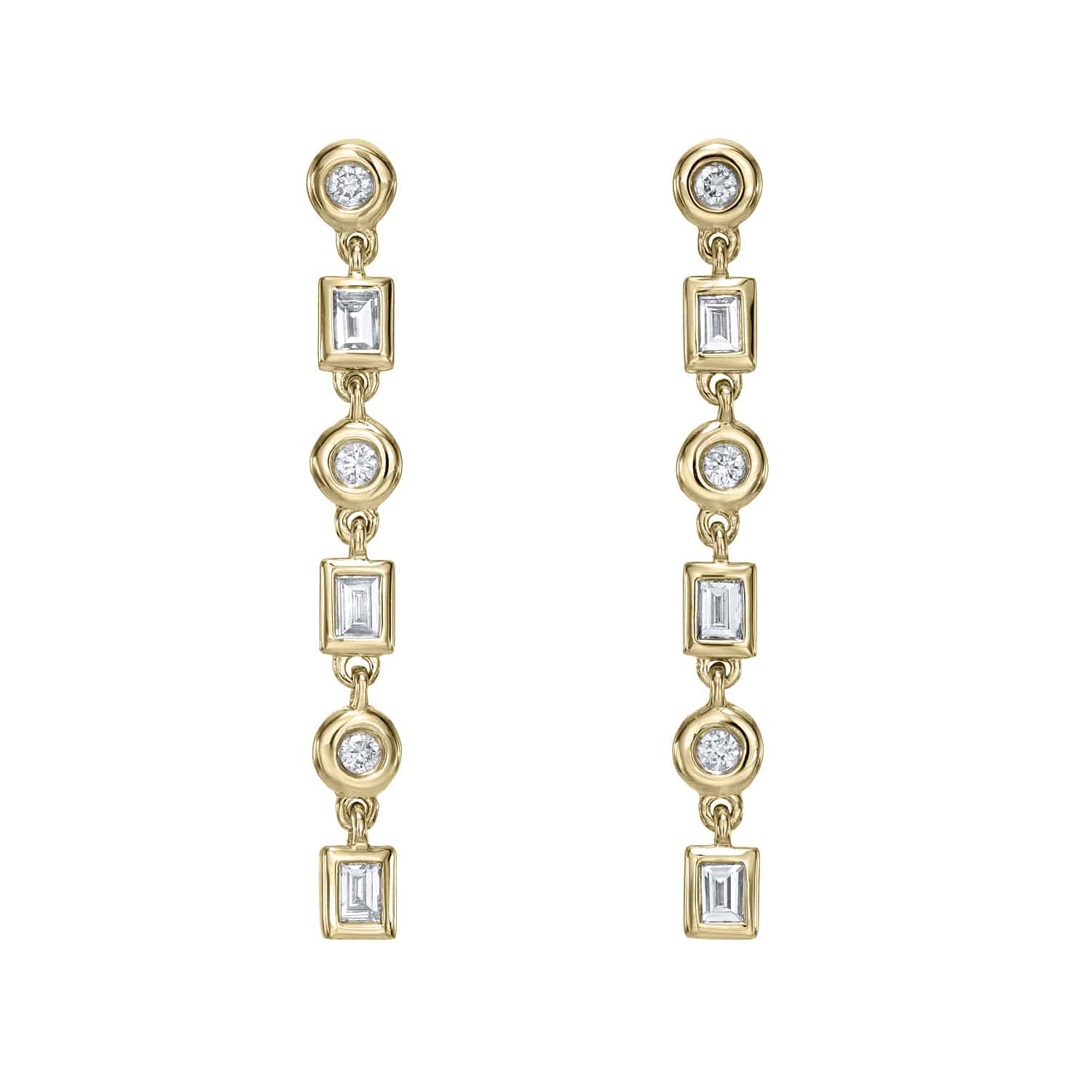 Discover the elegance of Janet Heller Fine Jewelry with Leilani Earrings, gold drop earrings featuring a chic mix of round and rectangular gemstones. Each timeless piece flaunts five precisely set stones, adding sophistication to any outfit.