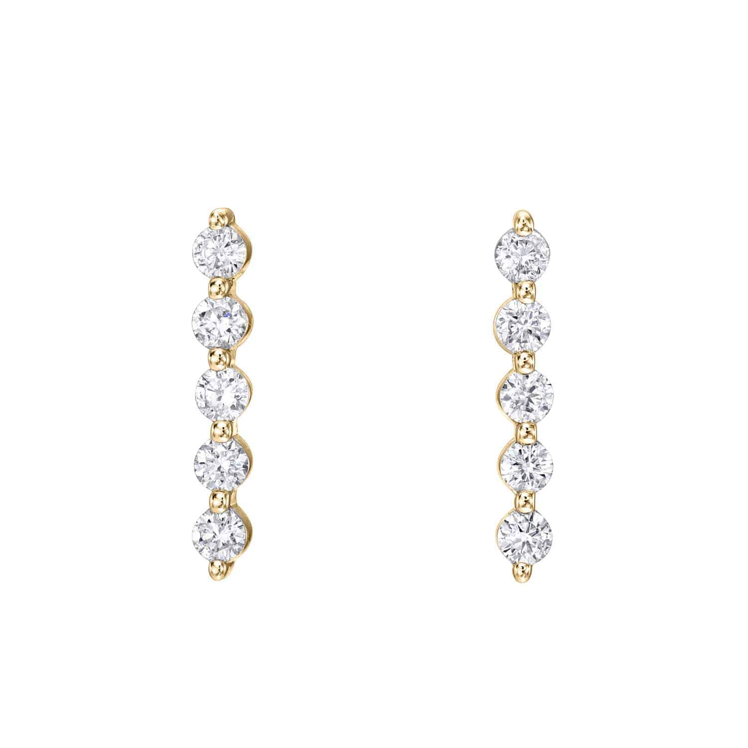 The Long Diamond Bar Studs are exquisite gold earrings featuring a vertical row of five round, sparkling diamonds. Displayed symmetrically on a plain white background, they embody elegance and sophistication.