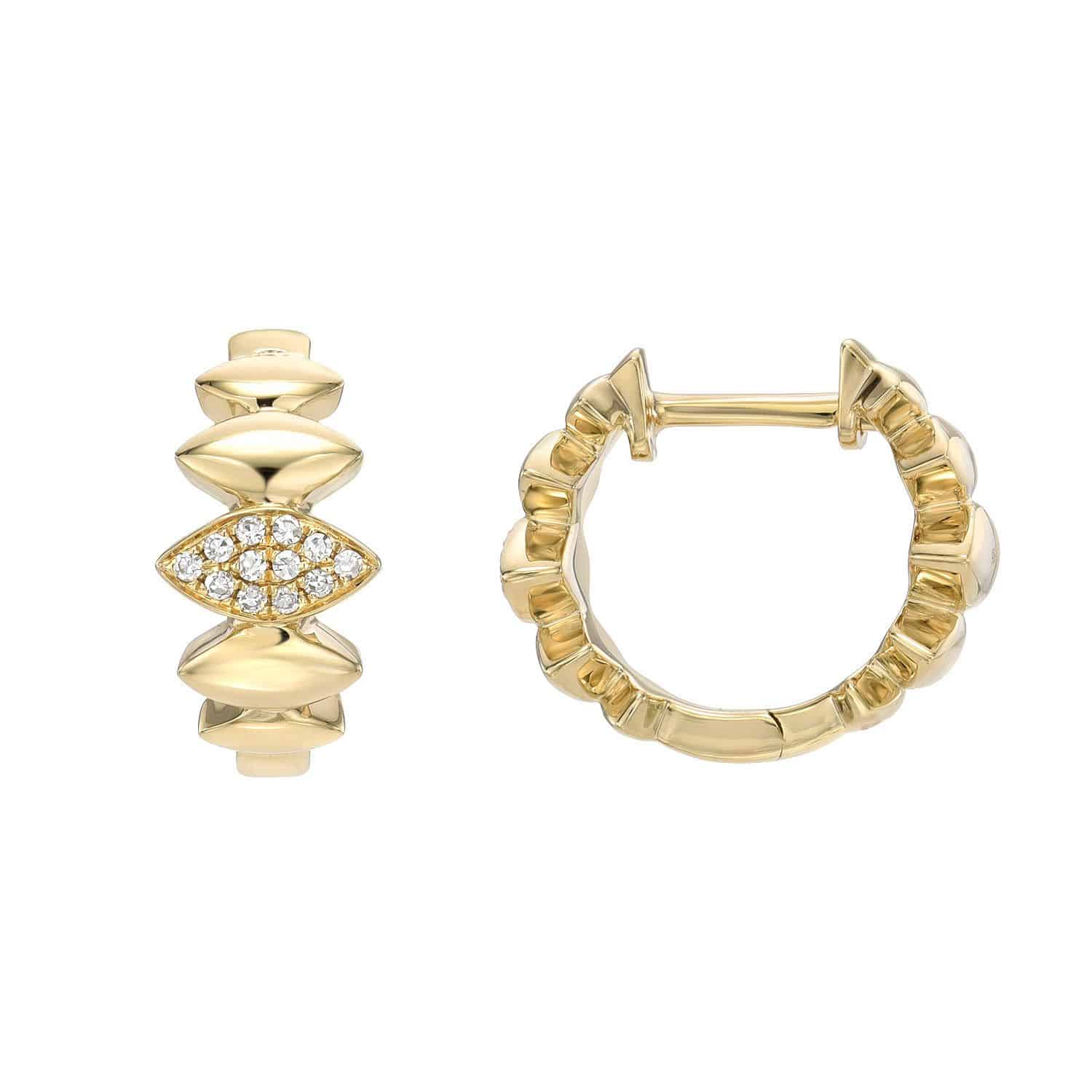 The Marquise Cascade Huggies from Janet Heller Fine Jewelry feature one gold hoop displayed with a marquise-shaped diamond-encrusted centerpiece, while the other highlights its smooth texture and latch closure in profile. Customizations are available upon request.