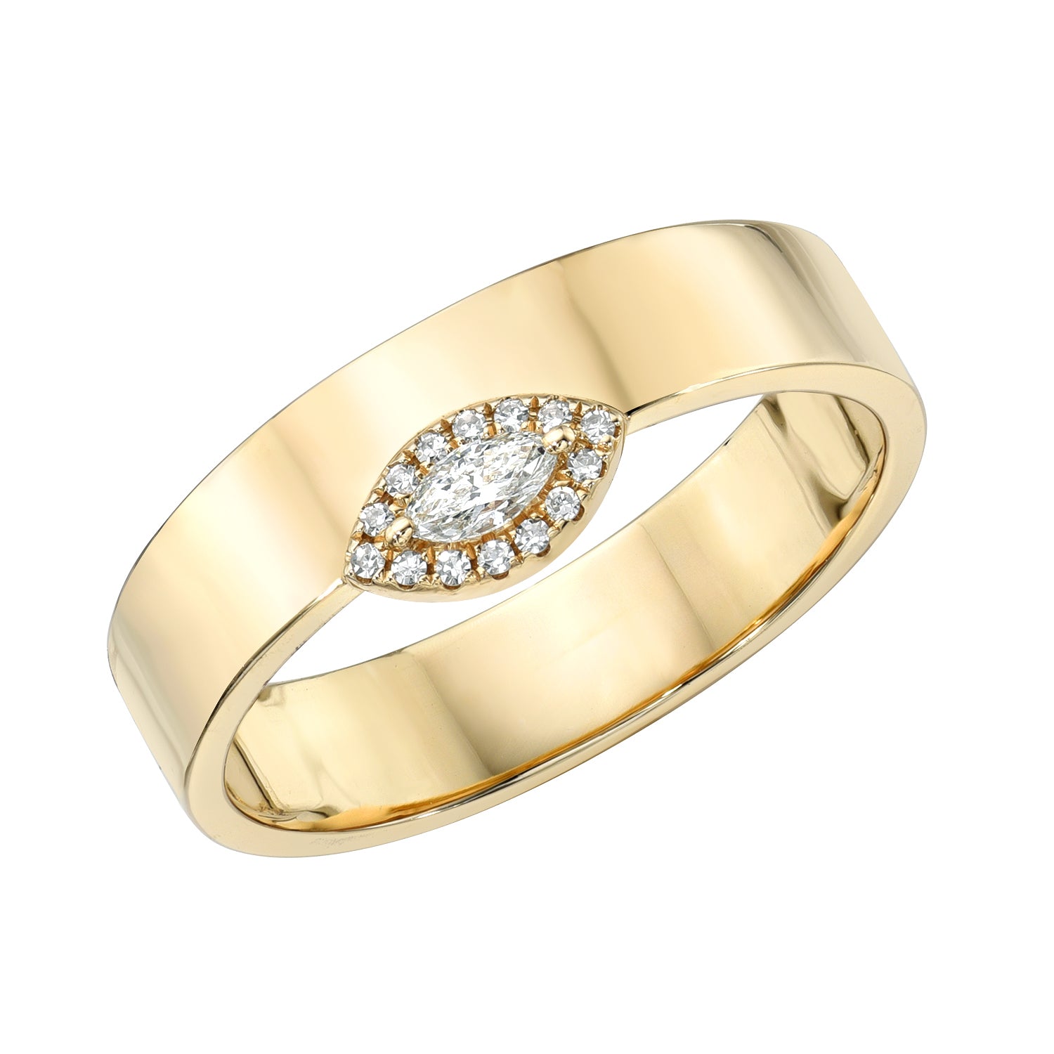 Explore the elegance of the Marquise Diamond Gold Band Ring. Featuring a marquise diamond center surrounded by round diamonds in a captivating eye-like design, this shiny piece captures light beautifully. Preorder this timeless addition to your collection now.