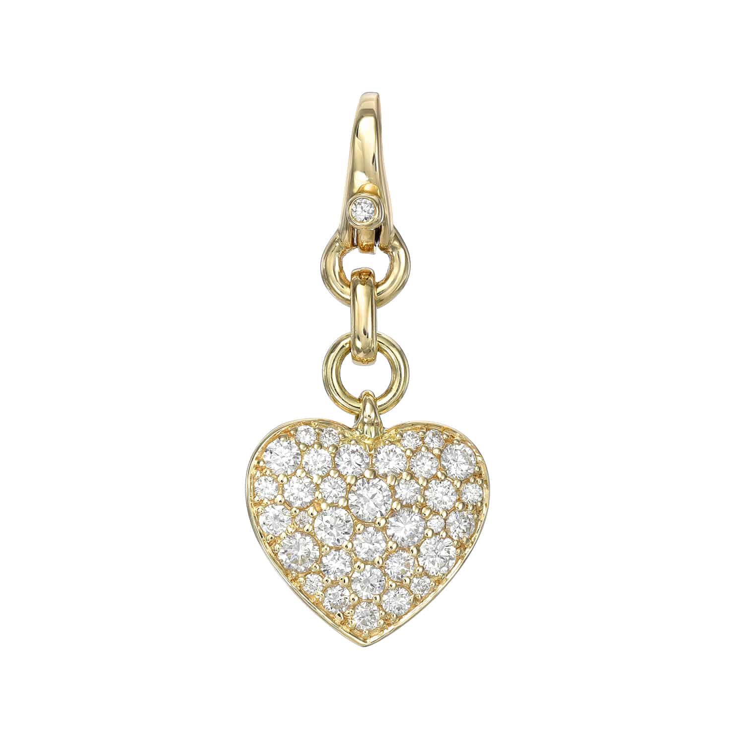 Medium Diamond Heart Charm featuring a heart-shaped pendant encrusted with closely set round diamonds for a sparkly, textured appearance, attached by a hinged clasp and loop.