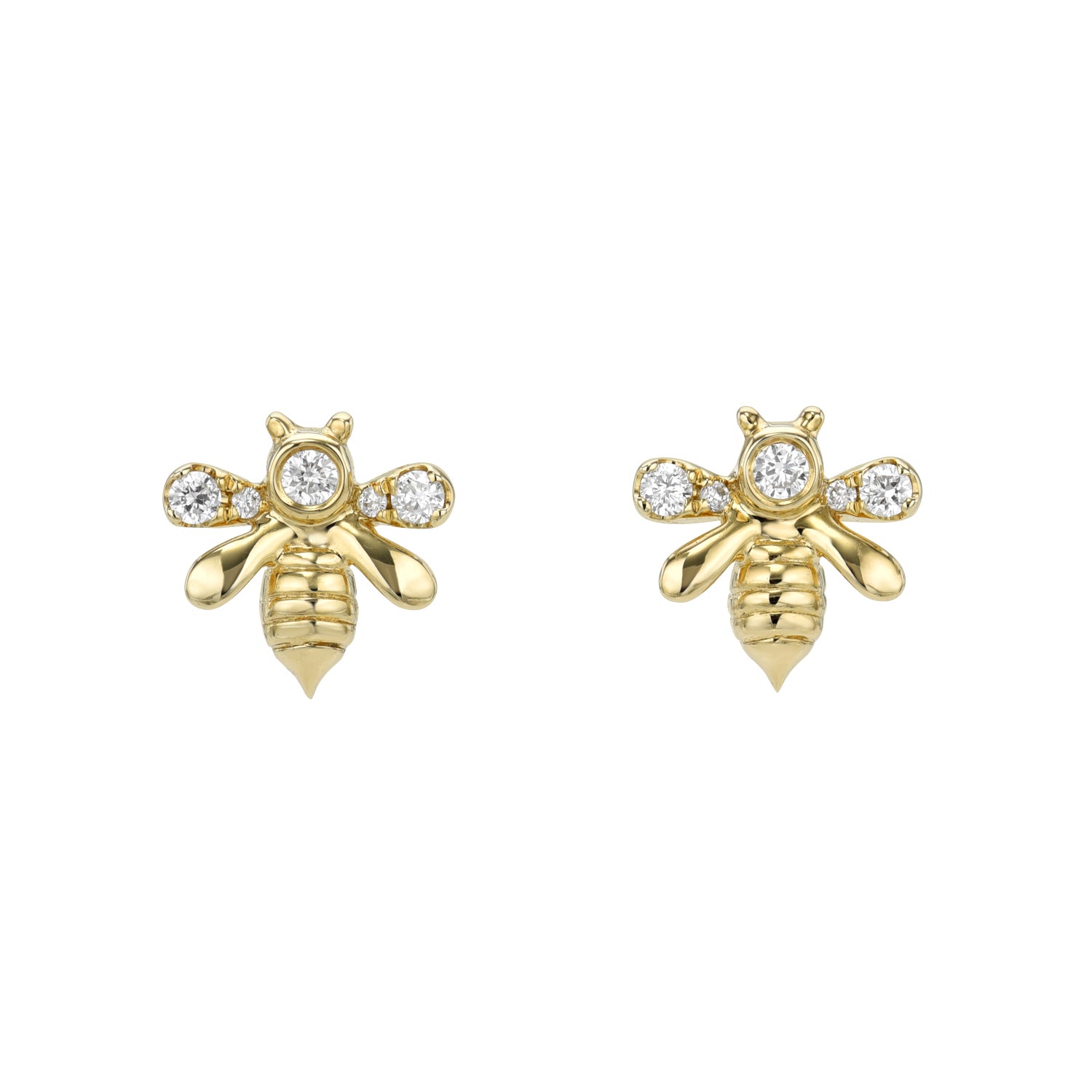Micro Diamond Bee Studs are showcased against a white backdrop, featuring gold bees with crystal-studded wings. Each fine jewelry piece has a round crystal head and smaller wing crystals for a sparkling effect.
