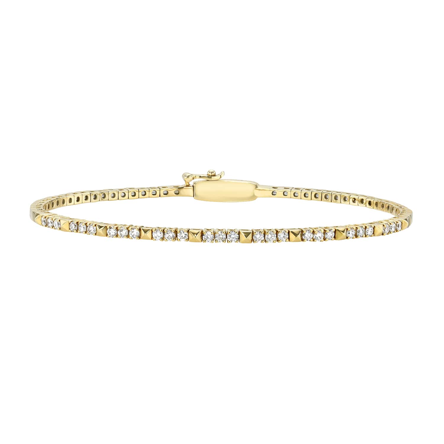 The Micro Diamond Pyramid Bangle from Janet Heller Fine Jewelry showcases a row of sparkling diamonds in a delicate design on a thin gold band. Its secure clasp adds elegance and shine. For customizations or inquiries, feel free to reach out.