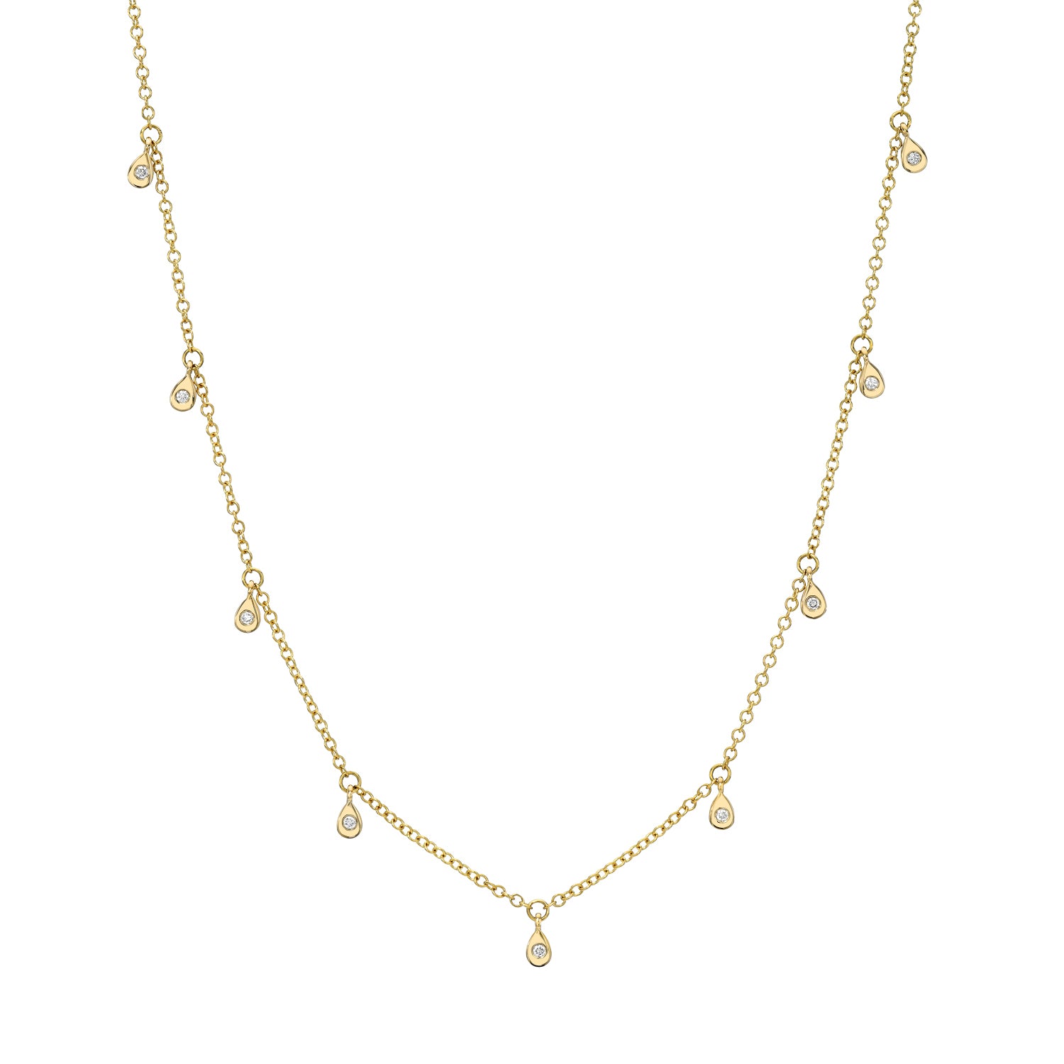 The Micro Teardrop Diamond Shaker Necklace by Janet Heller Fine Jewelry showcases small teardrop pendants with central gems, suspended on a delicate gold chain with subtle links and elegantly presented on a white background.