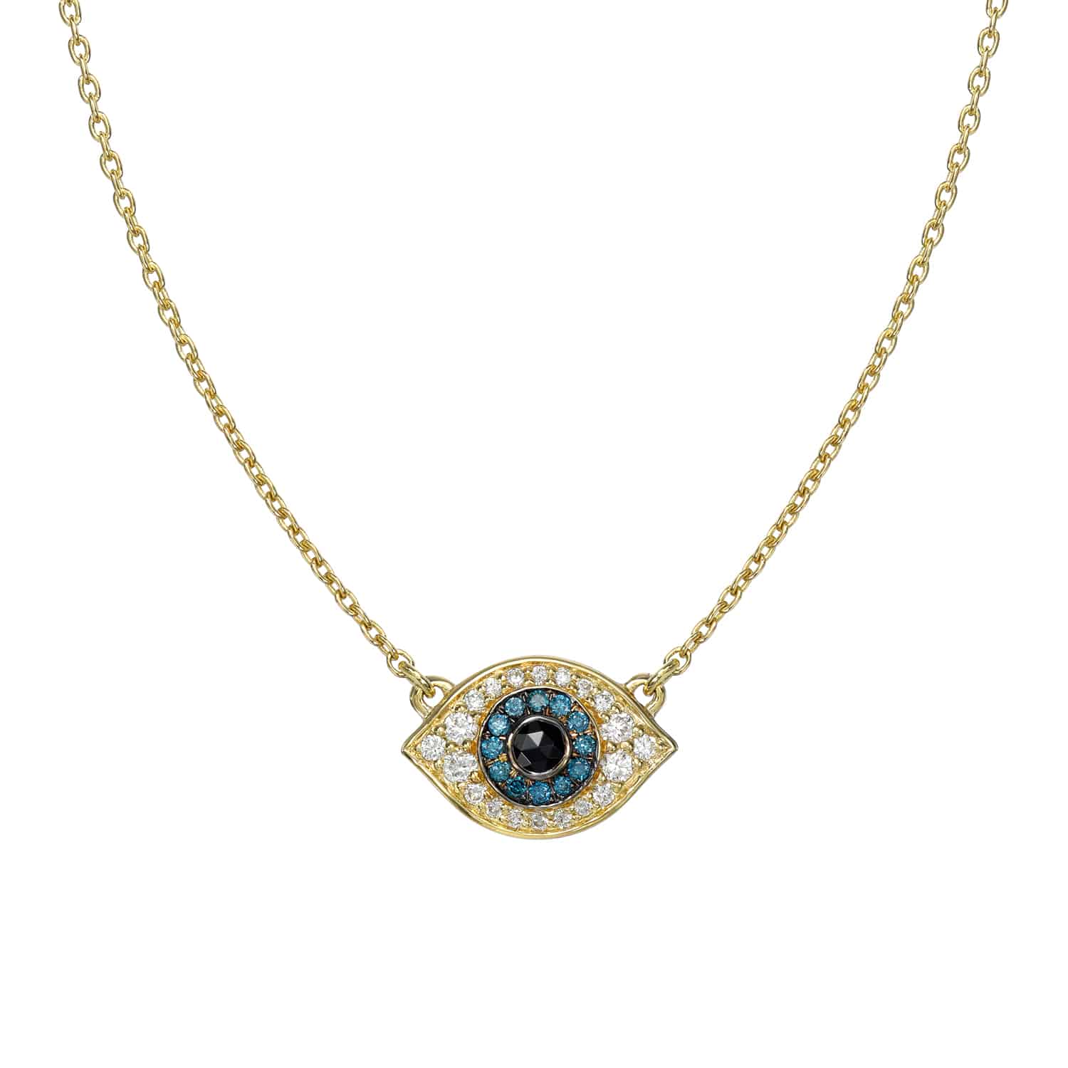 Explore the Mini Blue Diamond Evil Eye Necklace from Janet Heller Fine Jewelry: a gold necklace with an eye-shaped pendant. A black center is elegantly surrounded by blue and white stones. Customize this unique piece to match your style.