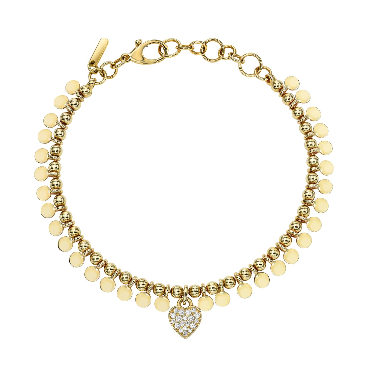 Discover the elegance of the Mini Coins and Heart Dangle Bracelet from Janet Heller Fine Jewelry. This gold piece showcases small round disc charms, beads, and a sparkling stone-adorned heart-shaped charm at its center. It includes a secure clasp for easy fastening and potential customizations.