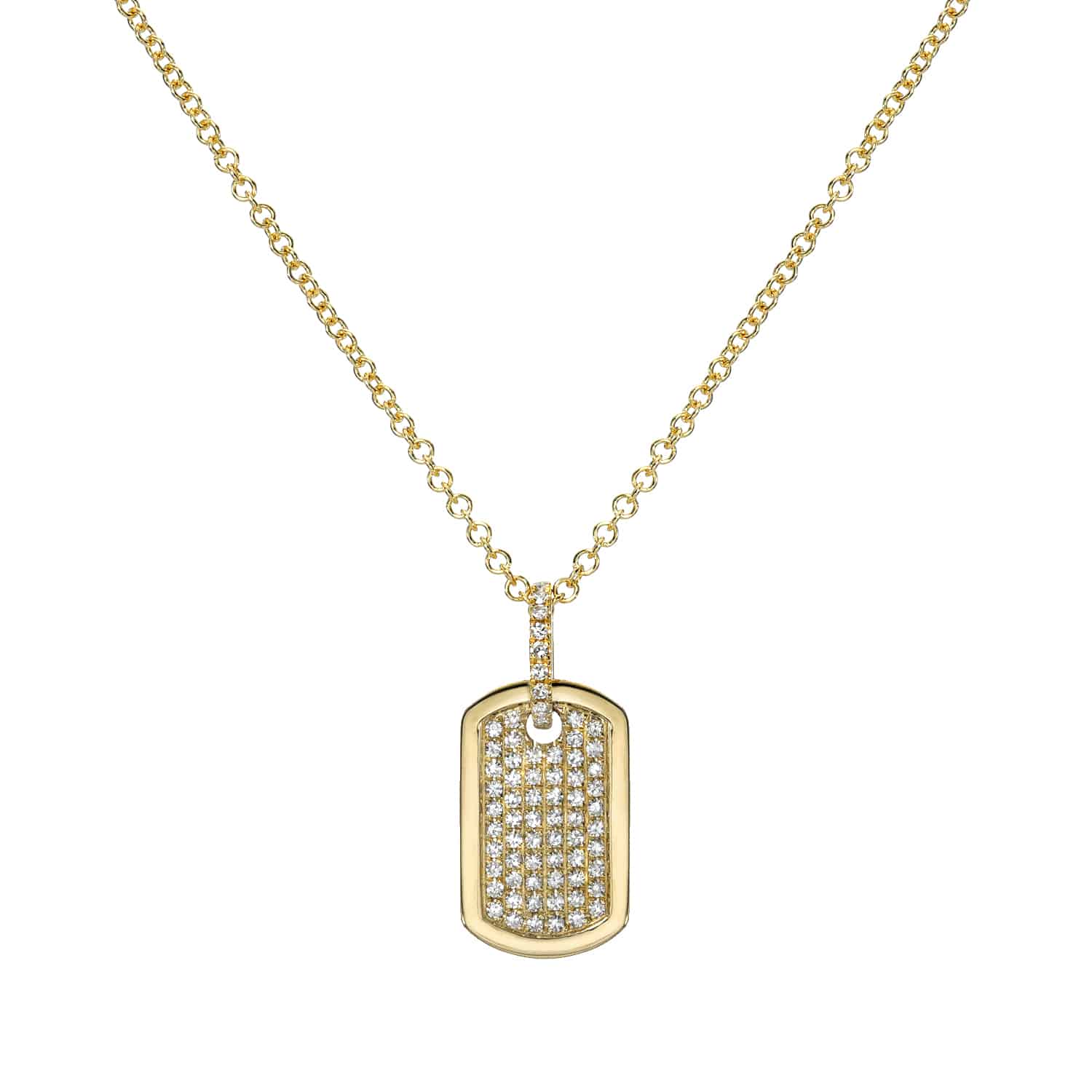 Experience the elegance of Janet Heller Fine Jewelry with the Mini Diamond Dog Tag Necklace, featuring a rectangular pendant encrusted with rows of small diamonds. A diamond-studded loop beautifully attaches the rounded-edge pendant to the gold chain.