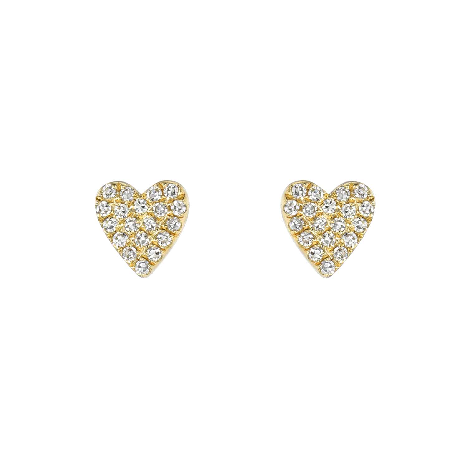 The Mini Diamond Heart Studs from janethellerfinejewelry are small, heart-shaped gold earrings adorned with sparkling diamonds, shimmering against a plain white background. For customizations or inquiries, please contact directly.