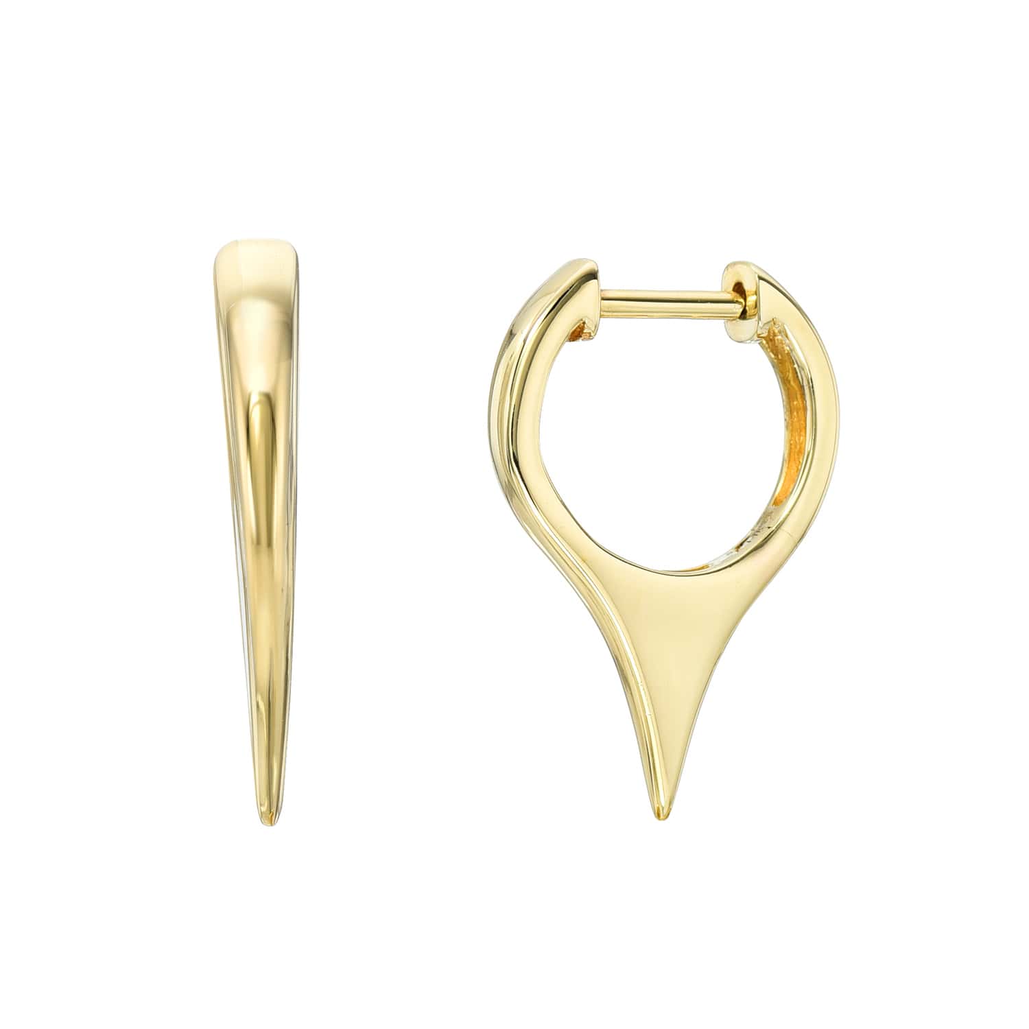 The Mini Plain Dagger Earrings are featured with a pointed, elongated teardrop design: one side-on showing thickness, the other frontally displaying the full shape and hinge closure. For customizations or inquiries, contact JanetHellerFineJewelry.