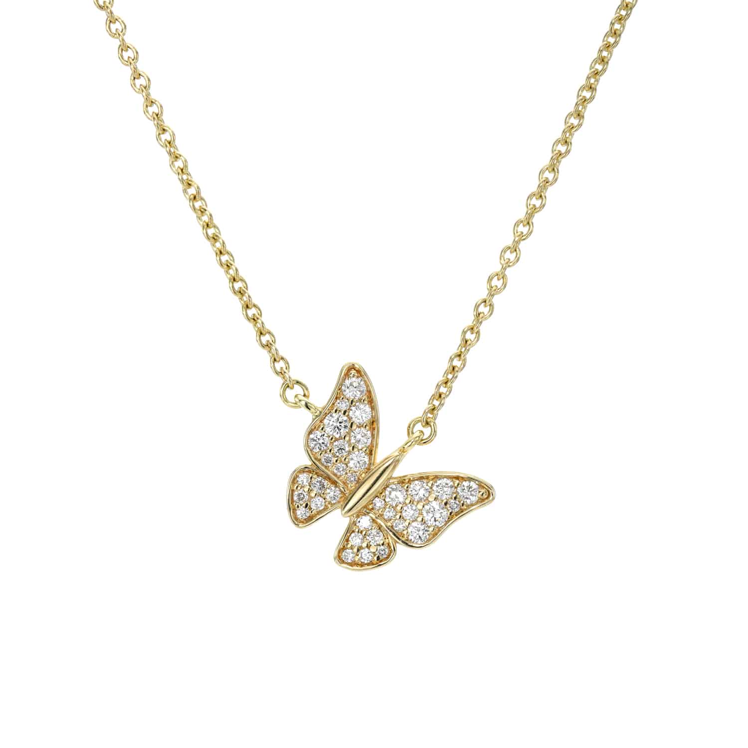 Experience the charm of the Mini Sideways Butterfly Necklace: a stunning gold piece featuring a butterfly pendant adorned with sparkling diamonds on a delicate chain, ideal for those desiring unique customizations in their jewelry.