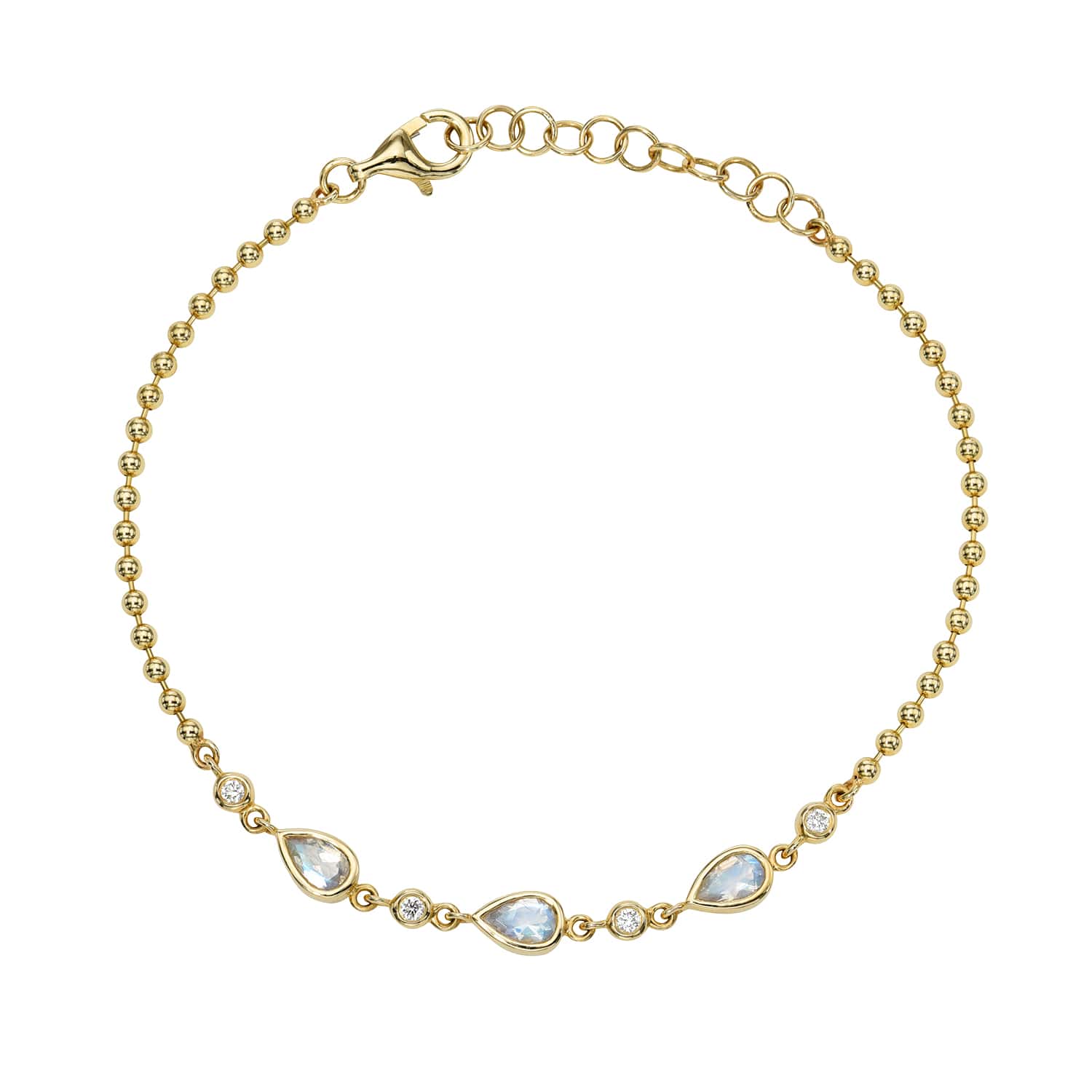 The Moonstone Diamond Bracelet by janethellerfinejewelry is a delicate gold piece with small round beads and clasp. It features five teardrop gemstones interspersed with round gems, exuding elegance and timeless beauty, perfect for those seeking refinement.
