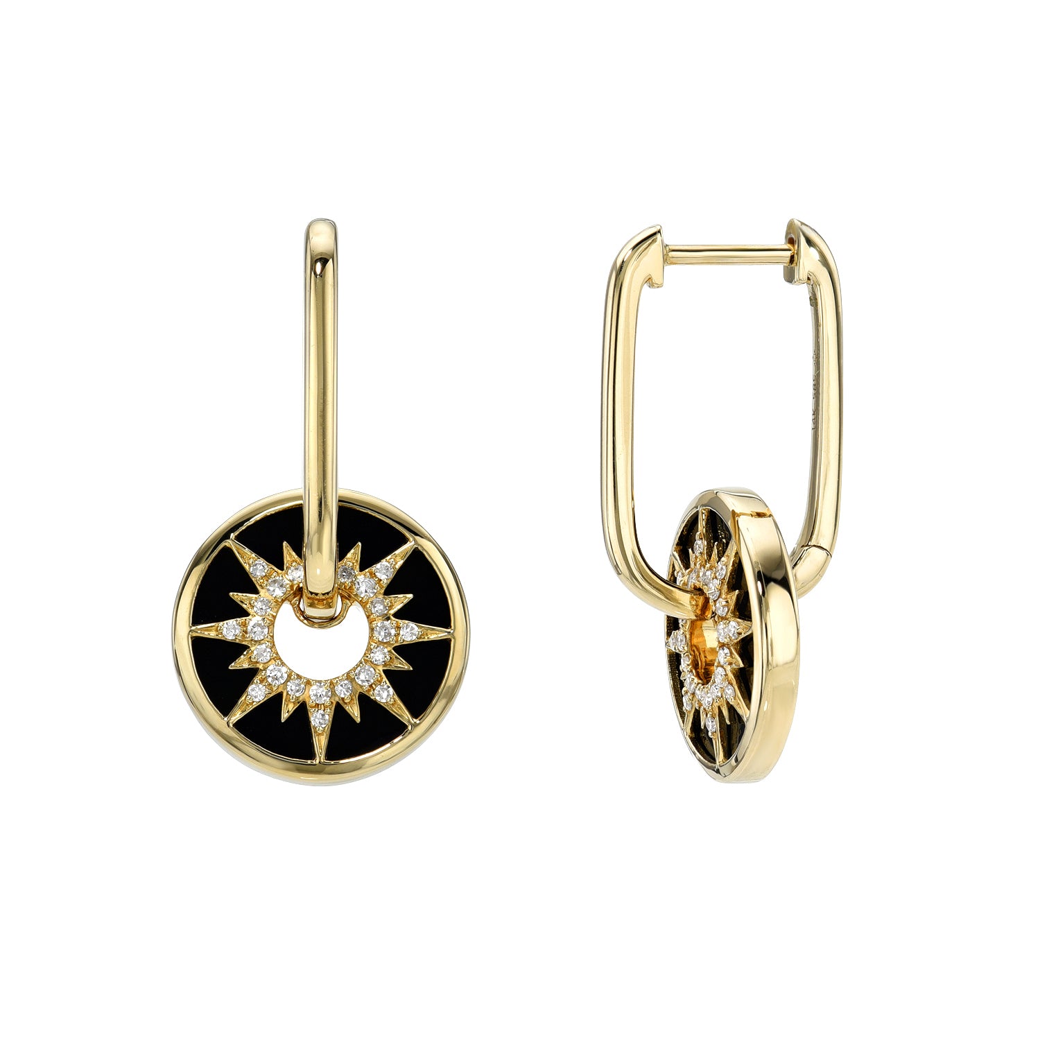 Onyx & Diamond Charm Hoops from Janet Heller Fine Jewelry showcase gold hoop earrings with a circular pendant, featuring a black background and a gold sun-like star adorned with small diamonds. For customizations, email inquiries@janethellerfinejewelry.com.