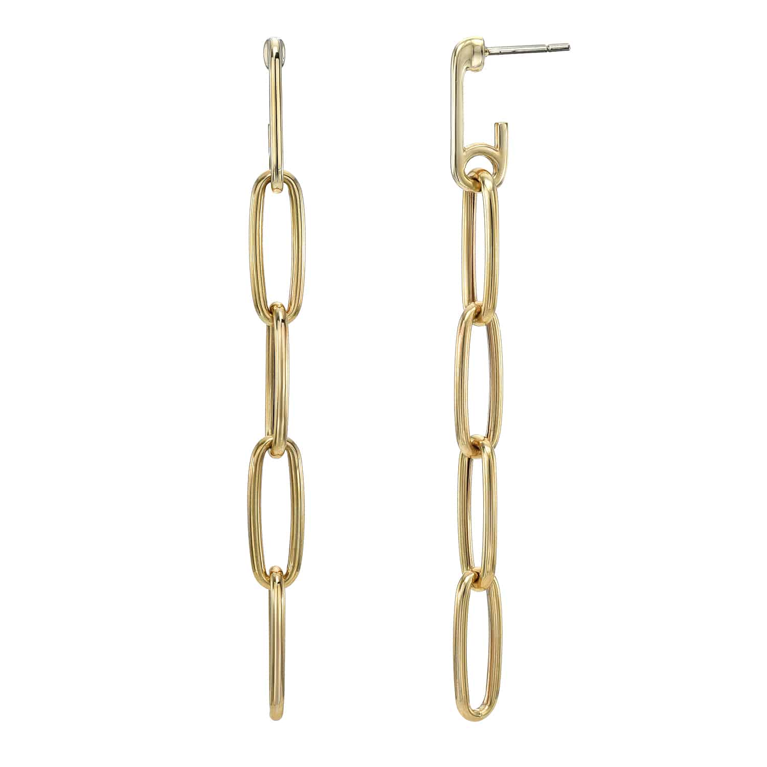 The Oval Chain Link Drop Earrings feature a series of elongated, interlinked gold oval links with a sleek, shiny finish. Their minimalist design offers subtle elegance.