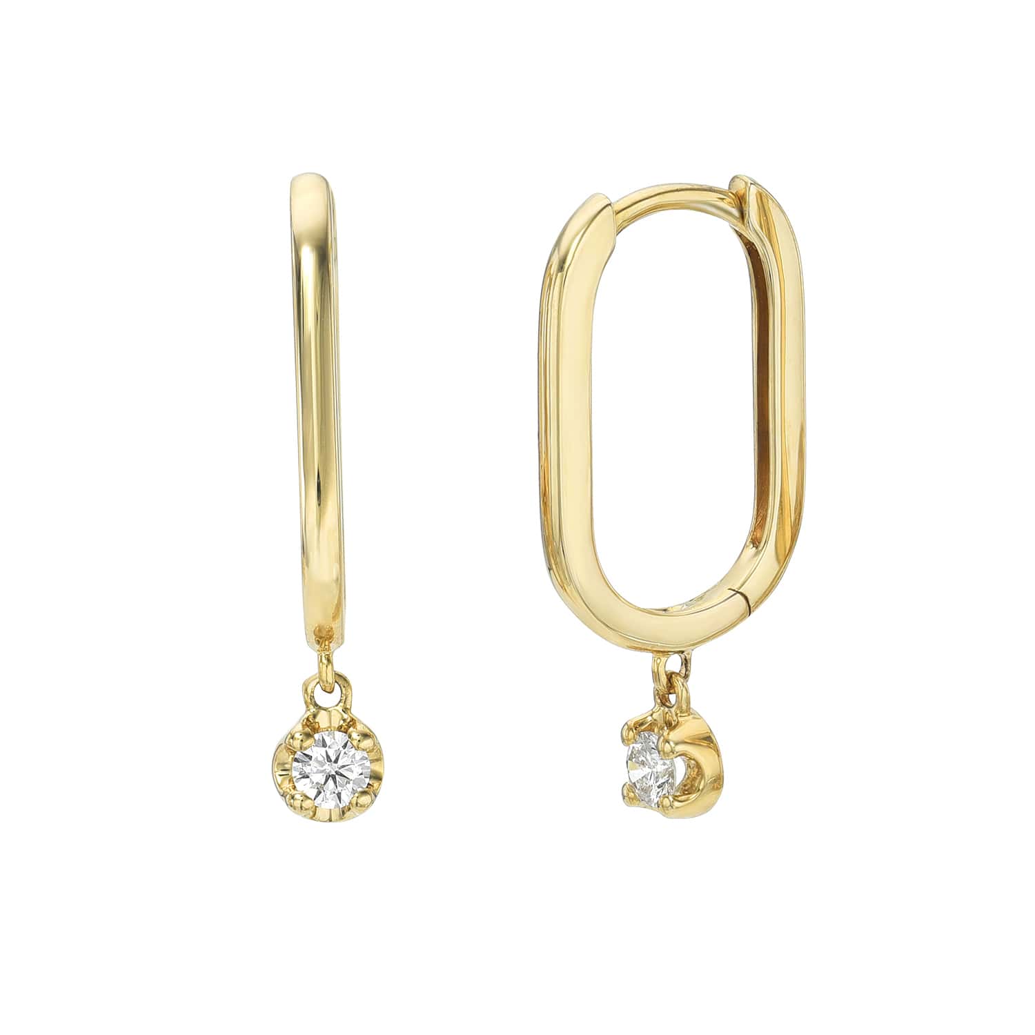 Displayed are two gold hoop earrings: a round one with a single clear gemstone gracefully dangling and an oval one featuring the gemstone inside its smooth curve. Both pieces showcase brilliant shine, exquisite craftsmanship, and subtle design customizations; aptly named Oval Diamond Dangle Hoops.