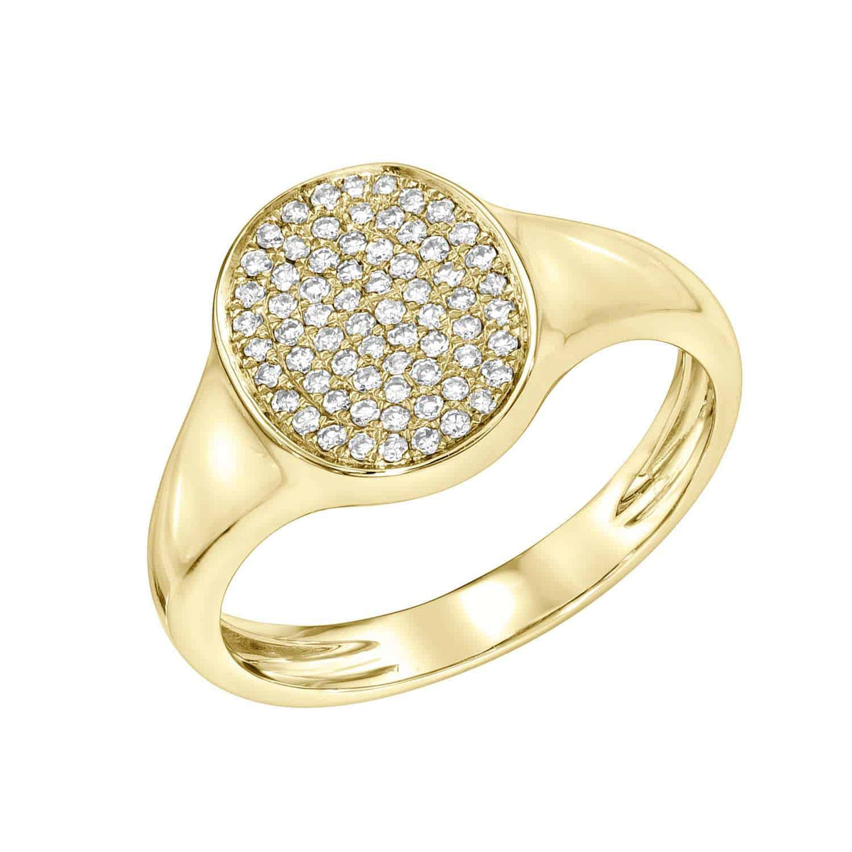 Oval Diamond Signet Ring featuring a shiny, smooth gold band and an oval, flat top encrusted with small, sparkling clear stones in a pavé setting. Available as a special order from Foundry Jewelry in custom ring sizes to ensure the perfect fit tailored just for you.