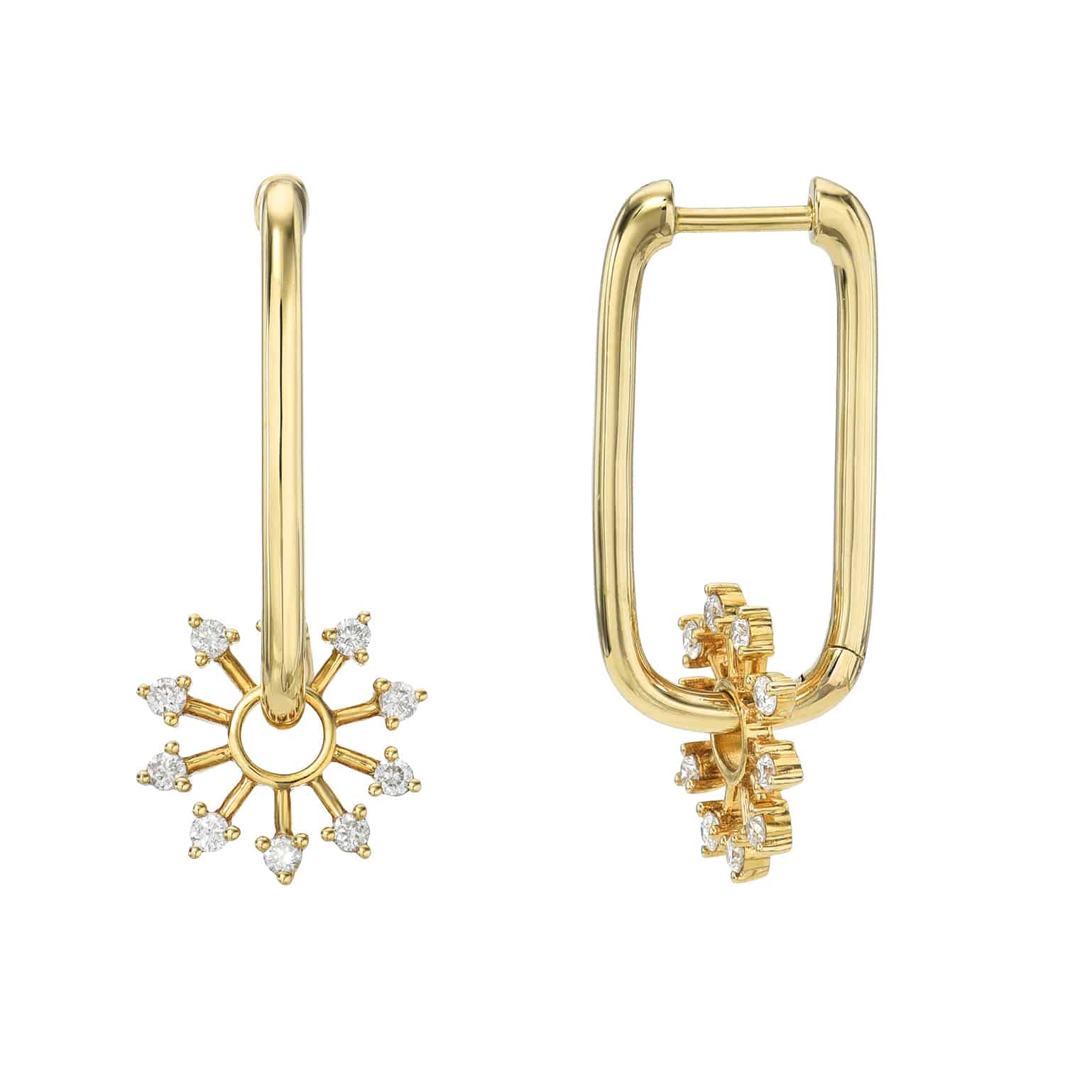 Two gold hoop earrings, named Oval Diamond Star Charm Hoops, feature a rectangular top and sunburst pendant with sparkling stones. One earring displays the front view, while the other showcases the sides intricate details, highlighting Janet Heller Fine Jewelrys craftsmanship.