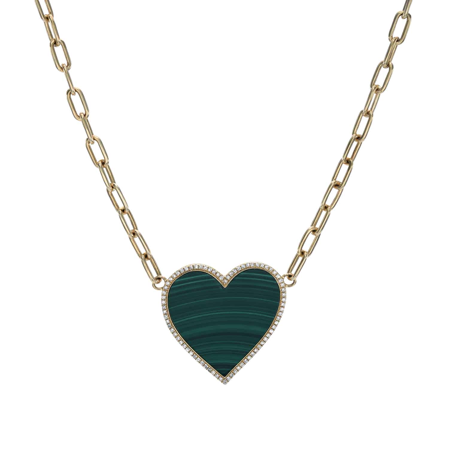 The Paperclip Link Malachite Heart Necklace from janethellerfinejewelry displays fine craftsmanship with a gold paperclip chain. Its heart-shaped green malachite pendant, bordered by sparkling stones, offers contemporary elegance and customizable options to fit your style.