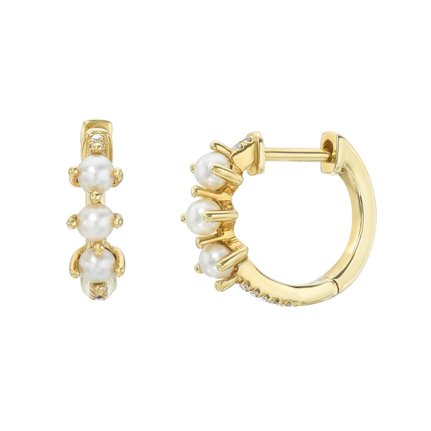 The elegant Pearl Diamond Huggies feature a stunning design with gold prongs holding three pearls on one earring, while the other showcases a unique latch-back closure. Personalize them to match your style.