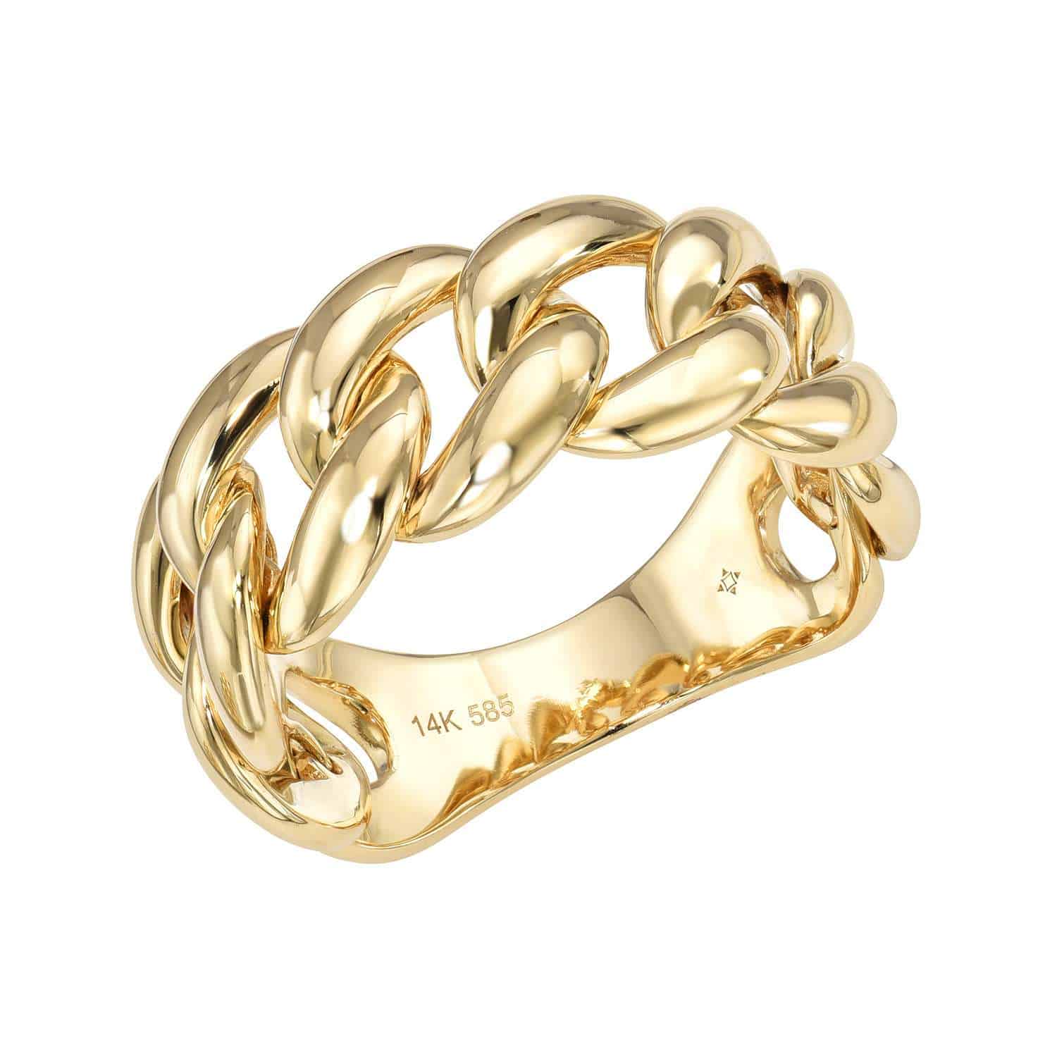 The Plain Cuban Link Ring from Janet Heller Fine Jewelry is is crafted in 14KT gold.  It features an interlocking chain design with rounded links.