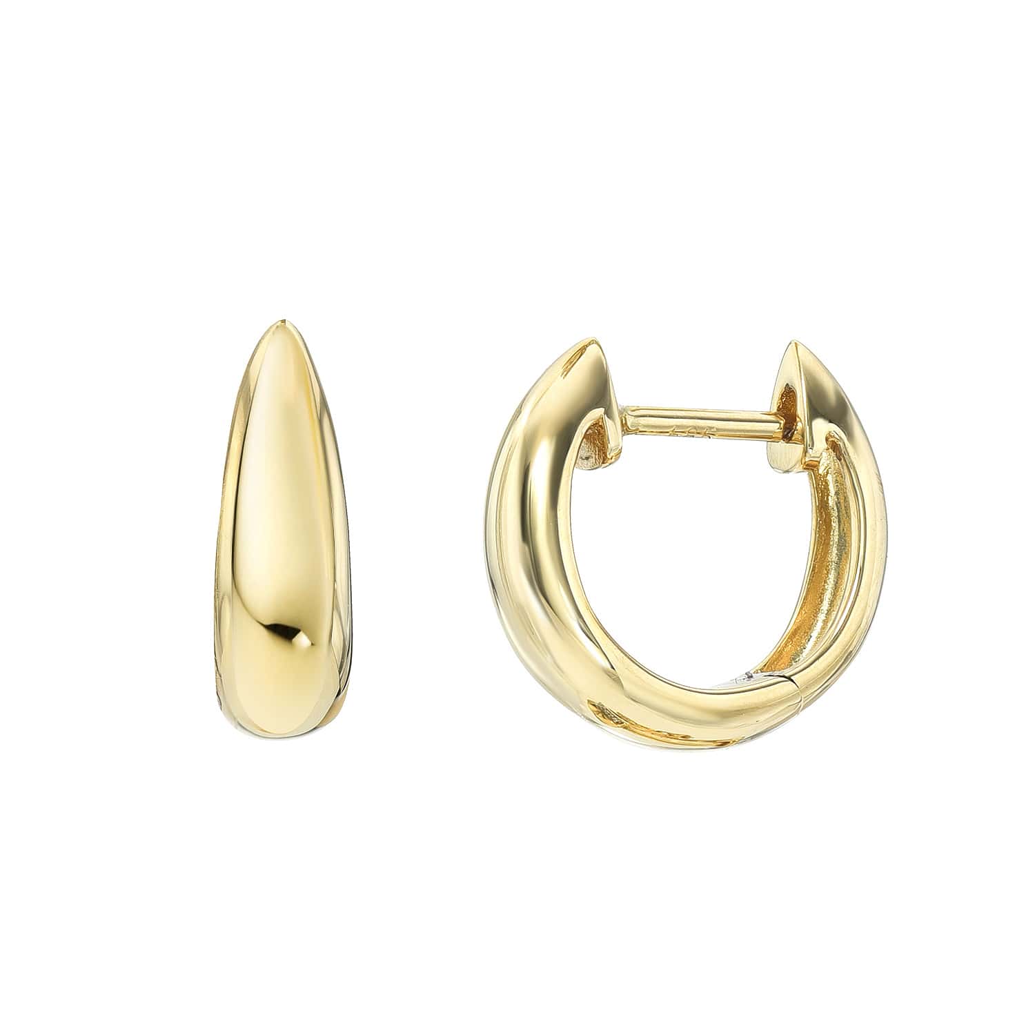 Close-up of Plain Gold Dome Huggies: One earring features a sleek, elongated teardrop shape from the side, and the other shows its circular hoop design with a hinged clasp from the front. For customizations or inquiries, please contact us.