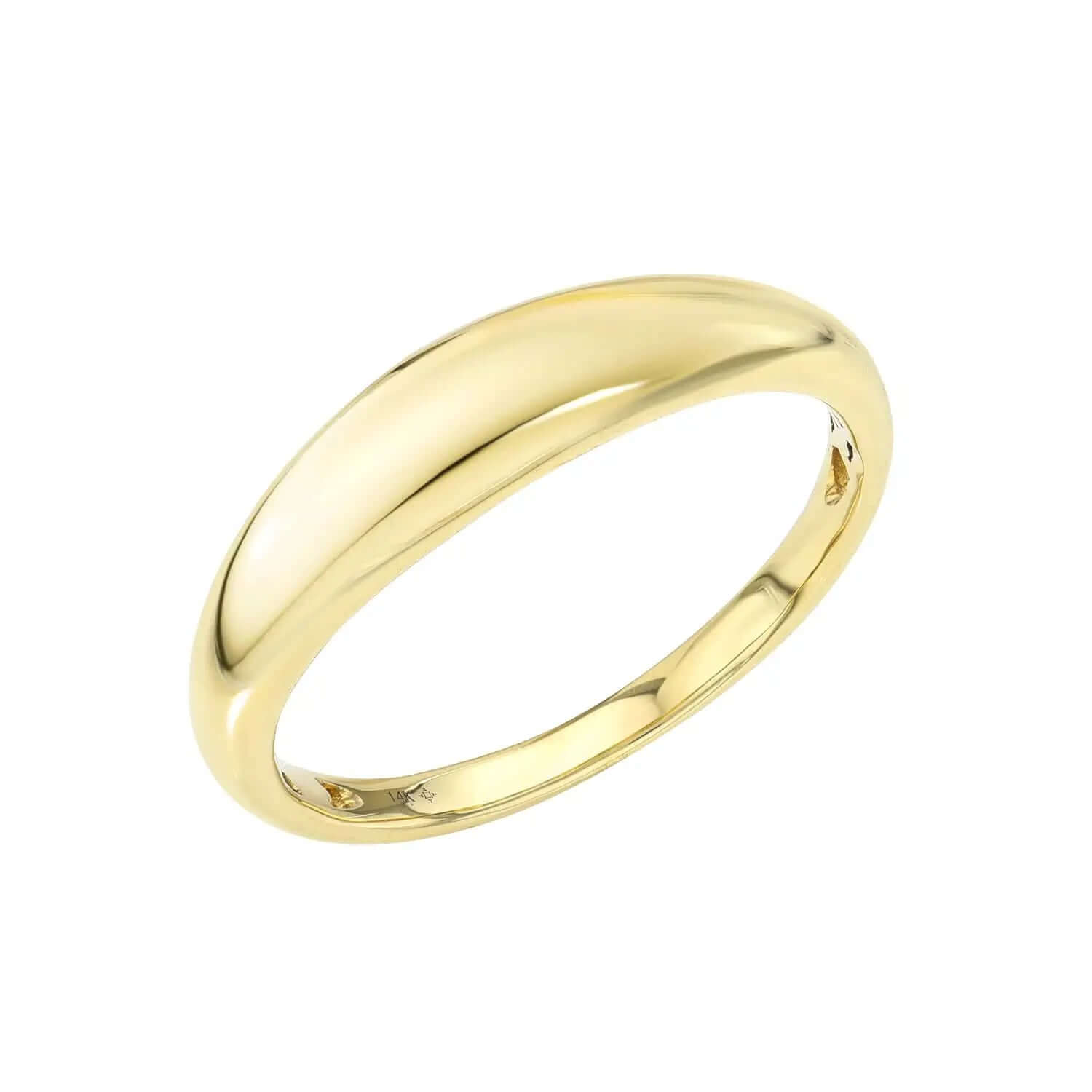 Displayed against a white background, the Plain Gold Dome Ring from Janet Heller Fine Jewelry is a simple, smooth gold band with a polished finish. Its lustrous surface is shown slightly tilted. Ideal for those wanting to preorder this elegant piece or contact inquiries for more info.