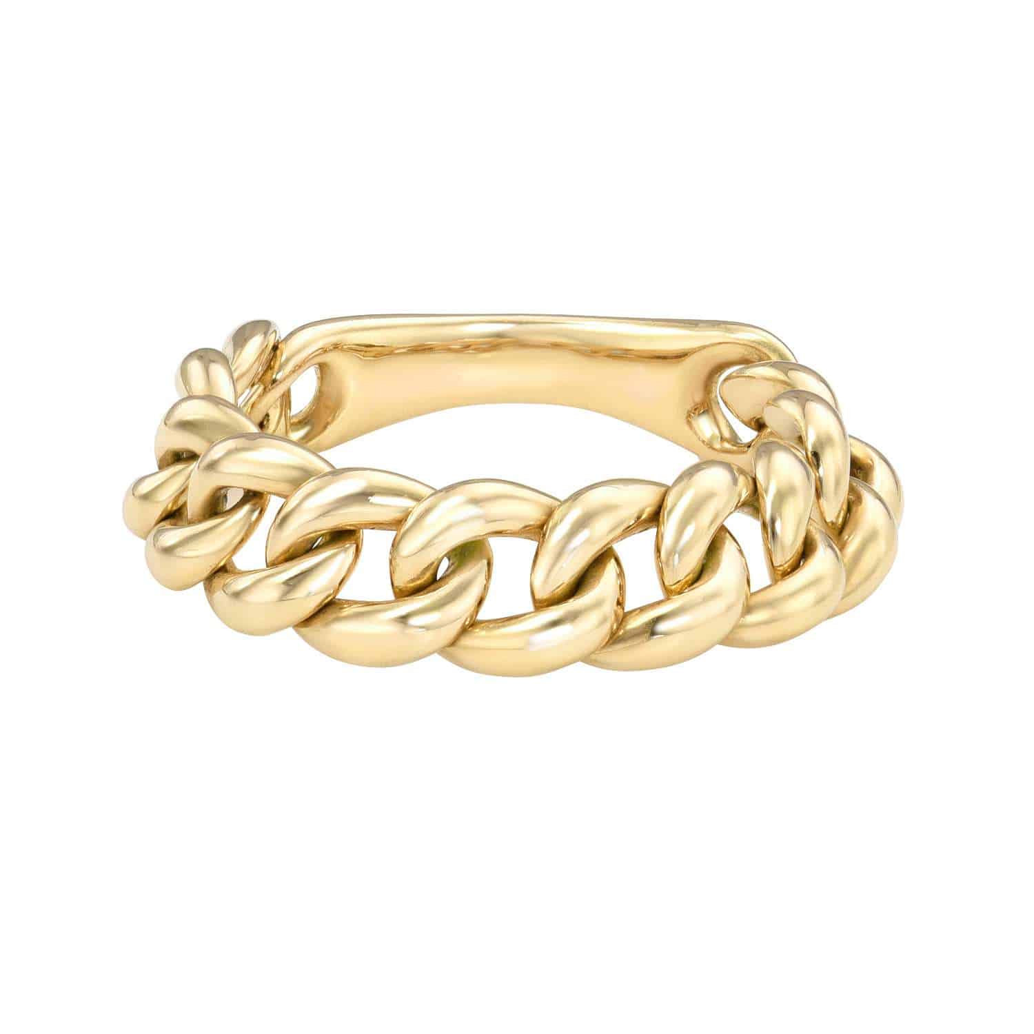 The Plain Small Cuban Link Ring features smooth, polished links connected in a continuous loop for a refined, chain-inspired look. This elegant piece from Janet Heller Fine Jewelry is available for preorder—please specify your ring size to ensure the perfect fit.