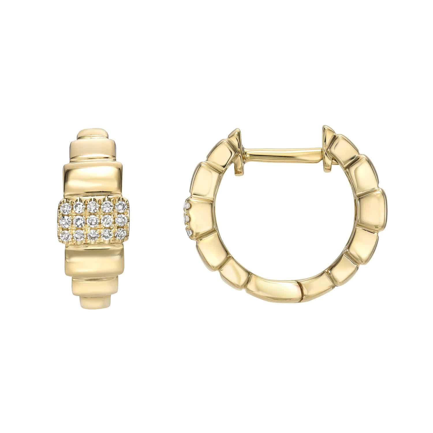 Rectangular Cascade Huggies from Janet Heller Fine Jewelry. One earring is displayed front-on, highlighting a band of small, sparkling stones, while the other is shown from the side to showcase its unique shape and hinged clasp.