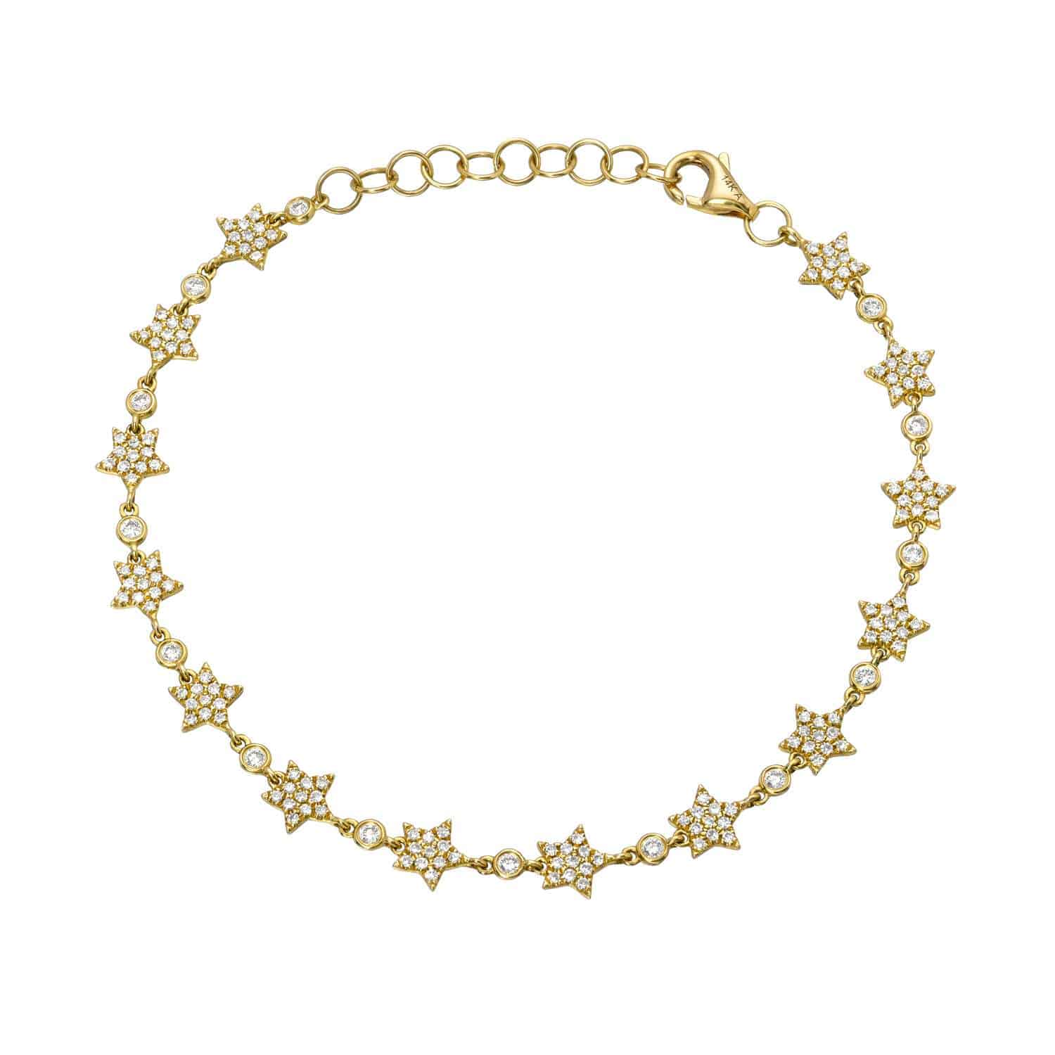 The Repeating Diamond Stars Bracelet is a gold bracelet featuring multiple star-shaped links adorned with small white stones and secured with a lobster clasp, showcasing the exquisite craftsmanship of Janet Heller Fine Jewelry. This elegant piece is ideal for those who appreciate fine jewelry and custom jewelry design.