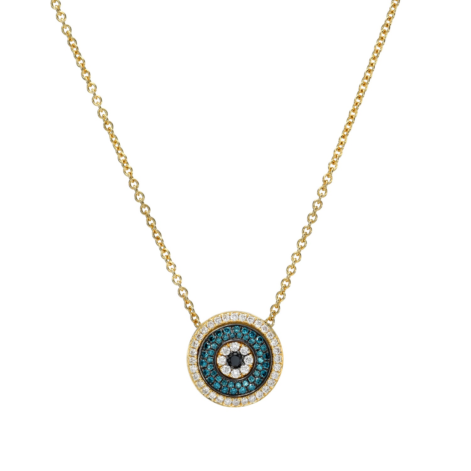 The Round Blue Diamond Evil Eye Necklace is a stunning gold piece with a distinctive pendant showcasing concentric circles. Customizable, it features an outer circle of white stones, encircling blue stones, and a center adorned with an elegant blend of white and dark stones.