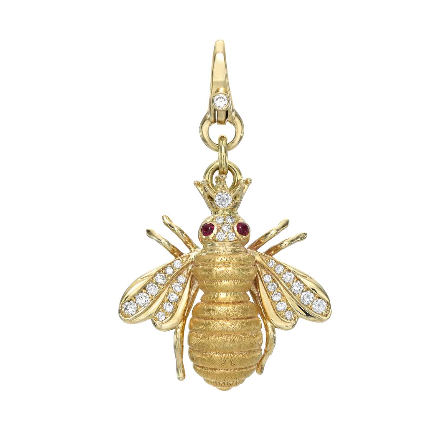 The Ruby & Diamond Bee Charm by Janet Heller Fine Jewelry is a gold bee pendant with diamond wings and body, red gemstone eyes, and a decorative loop for easy attachment to necklaces or bracelets, offering bespoke customizations for your charm collection.
