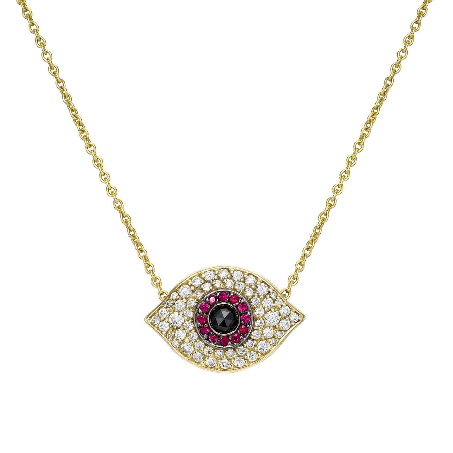 Ruby & Diamond Evil Eye Necklace featuring an eye-shaped pendant with a black center stone, surrounded by rubies and small clear diamonds, on a delicate gold chain.