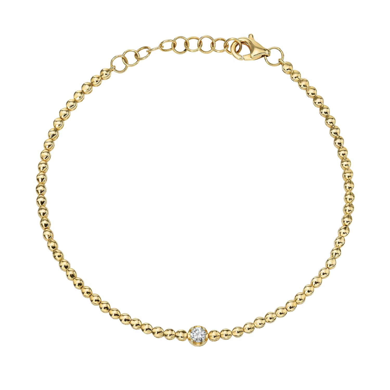 The Single Diamond Beaded Bracelet by janethellerfinejewelry features gold beads, a silver bead centerpiece, a lobster clasp, and adjustable chain links. This fine jewelry piece is isolated on a white background.