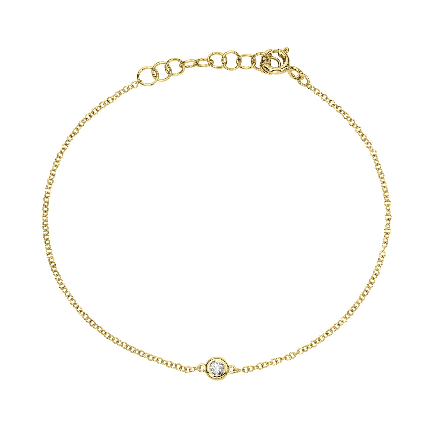 The Single Diamond Bezel Bracelet by Janet Heller Fine Jewelry features a delicate gold chain with a single small round diamond bezel-set at the center and an adjustable clasp. Its minimalist design embodies elegance and the timeless style characteristic of Janet Heller’s fine jewelry.