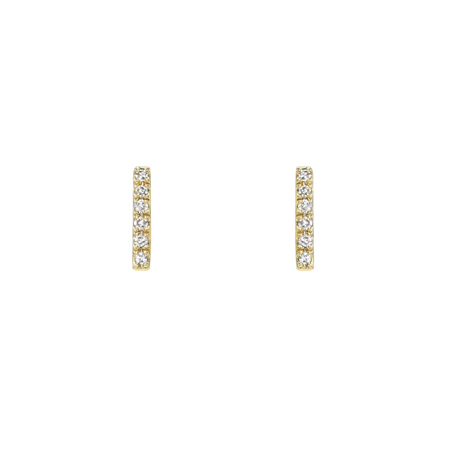 Two vertical gold earrings, each featuring a single row of five sparkling diamonds against a white background. The Single Row Diamond Bar Studs by Janet Heller Fine Jewelry are simple and elegant, perfect for customizations or inquiries to suit your unique taste.