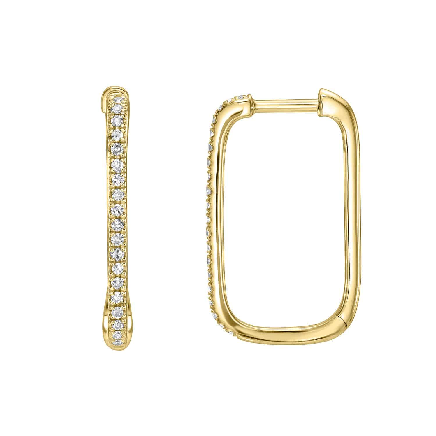 Two Single Row Rectangular Diamond Hoops are shown: one lies flat, highlighting its rectangular shape, while the other stands upright, revealing the embedded small diamond row. This elegant piece from Janet Heller Fine Jewelry epitomizes exquisite craftsmanship and style.