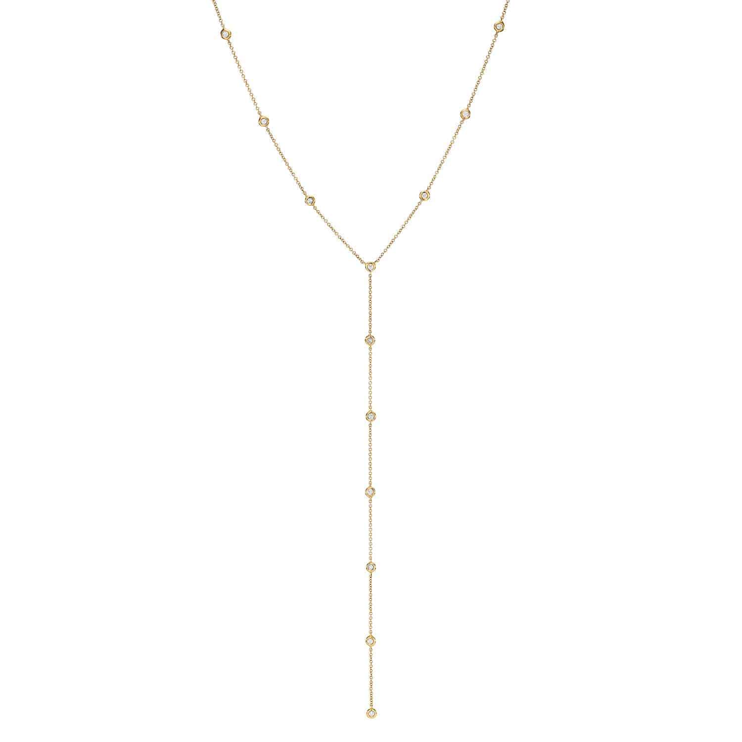 Explore the Diamond Sofia Lariat from janethellerfinejewelry, showcasing gold with small round beads along the chain and a long vertical drop for a minimalist elegance. Contact us today for customizations or inquiries.