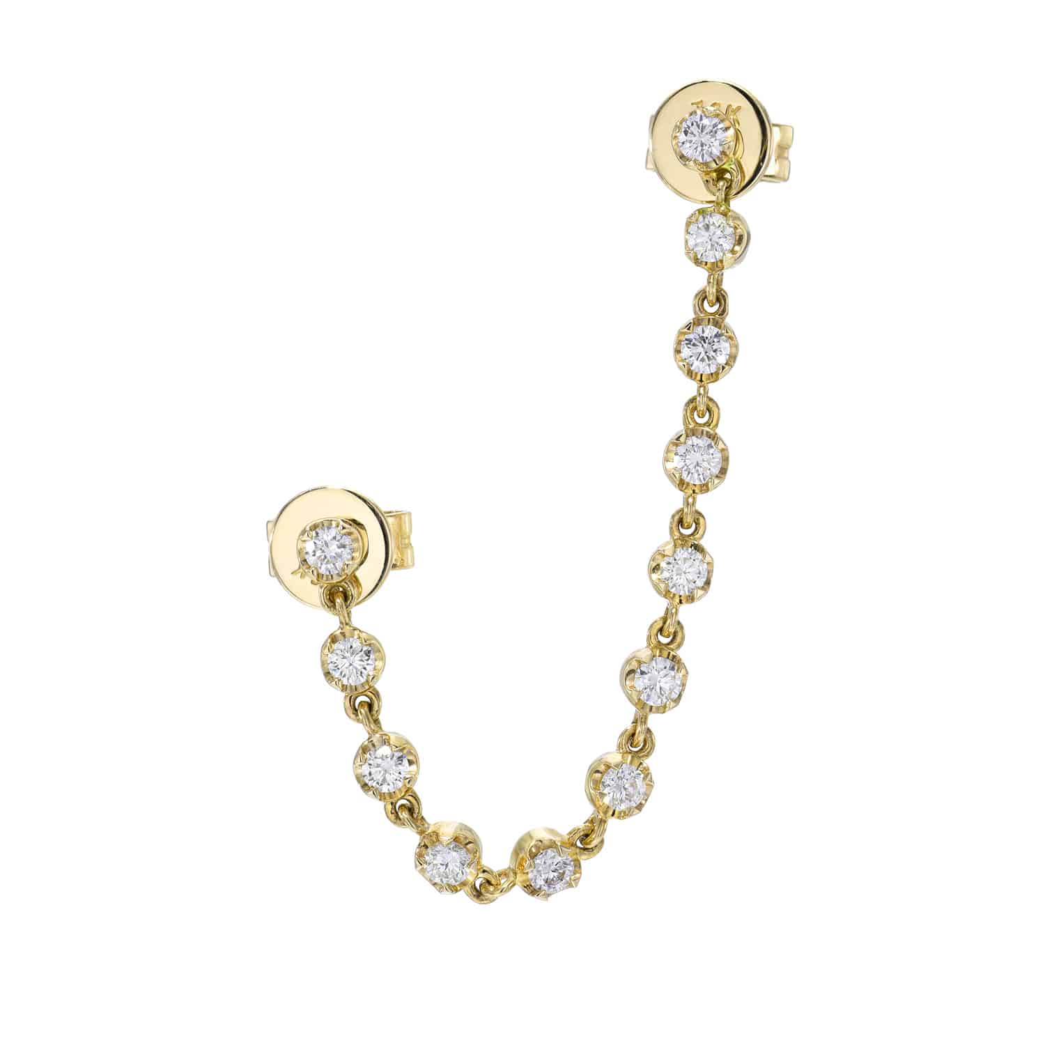 Discover the elegance of Janet Heller Fine Jewelry with the Two Hole 12 Diamond Esme Stud. These gold earrings feature a chain design adorned with twelve sparkling round diamonds, beautifully connecting two gold studs to create a timeless statement.