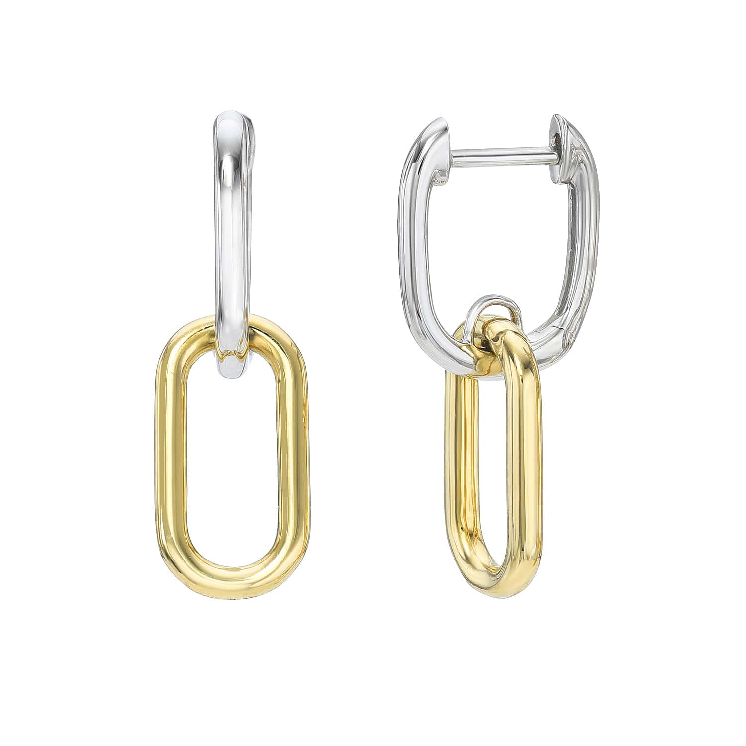 Discover the exquisite Two Tone Oval Link Earrings, featuring silver and gold elongated links. One earring has a gold link on a silver hoop, while the other has a U-shaped silver hoop with detachable and customizable gold link options.