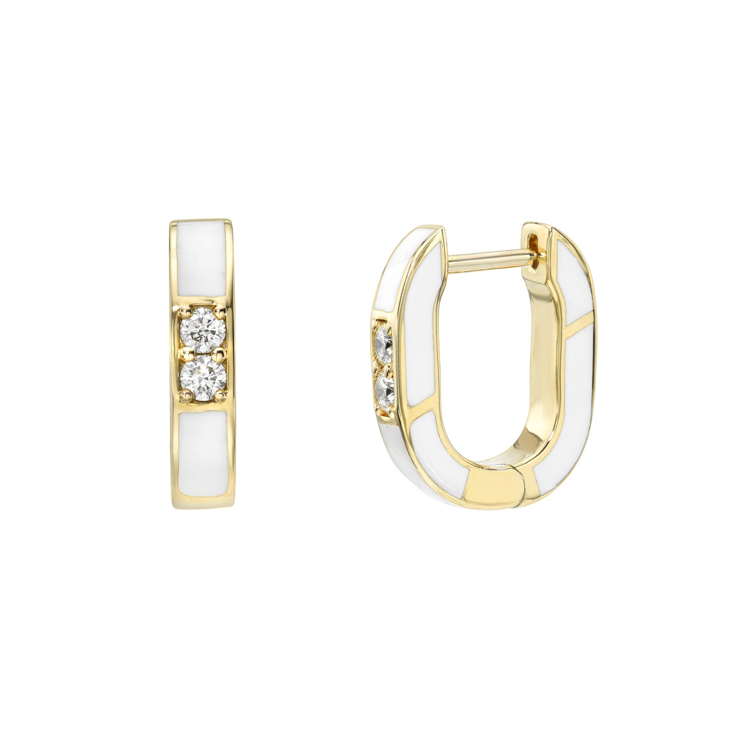 Introducing the U Shaped White Enamel Hoops from Janet Heller Fine Jewelry—a pair of small gold hoops adorned with elegant white enamel accents and three clear, round gemstones arranged vertically on each earring. Displayed from both front and side angles against a white background. For jewelry inquiries or custom requests, please contact us.