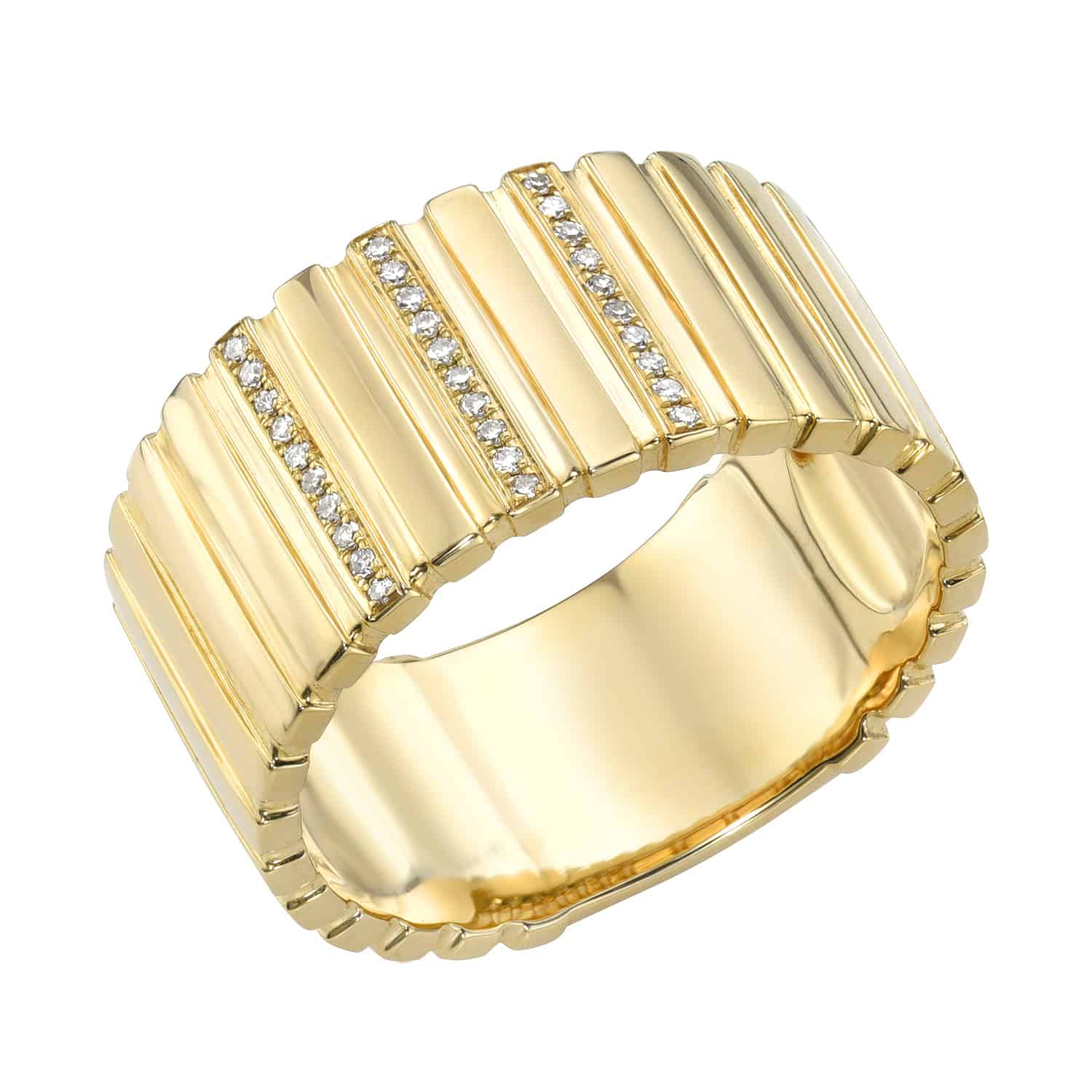 Preorder the Vertical Diamond Bar Ridge Ring, an exquisite gold ring featuring a glossy, wide band with a ribbed design and three vertical rows of embedded diamonds. Its modern elegance makes it a standout jewelry piece.
